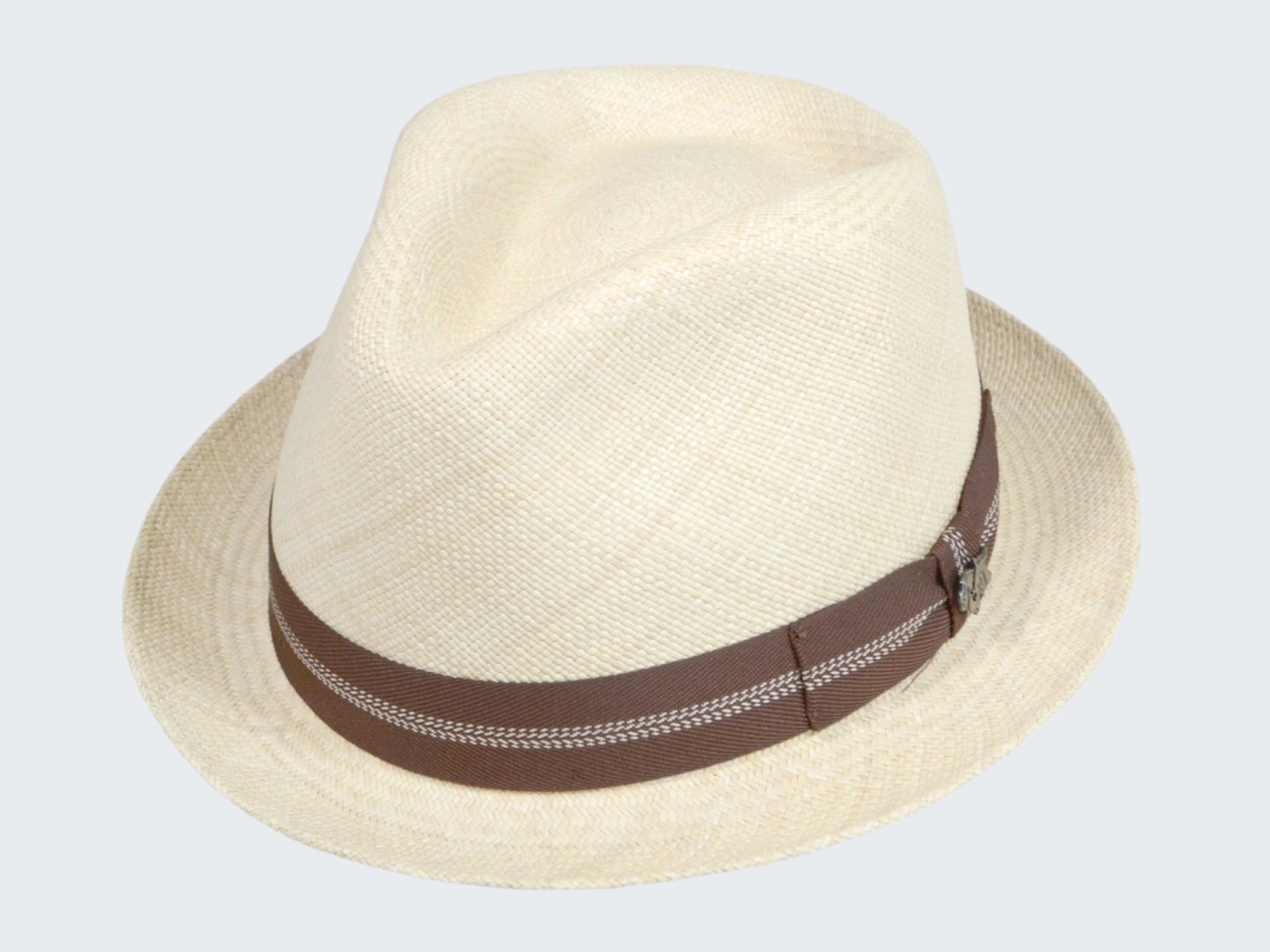 Beige straw hat with a brown band on a white background