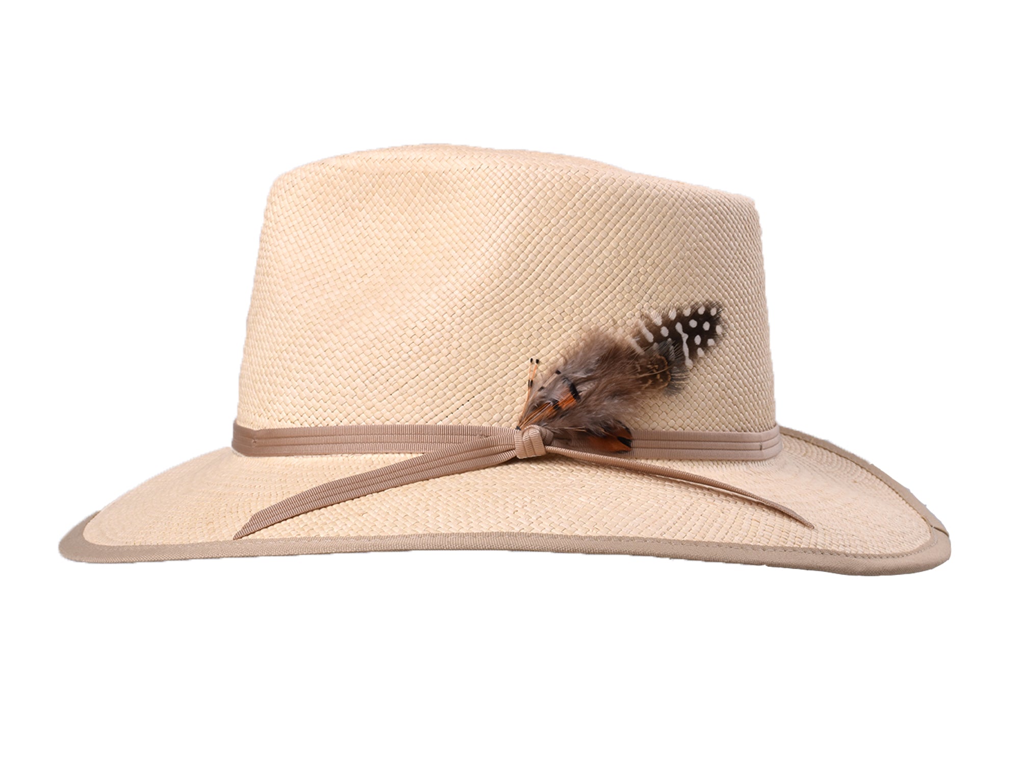 Beige straw hat with a feather detail on a white background