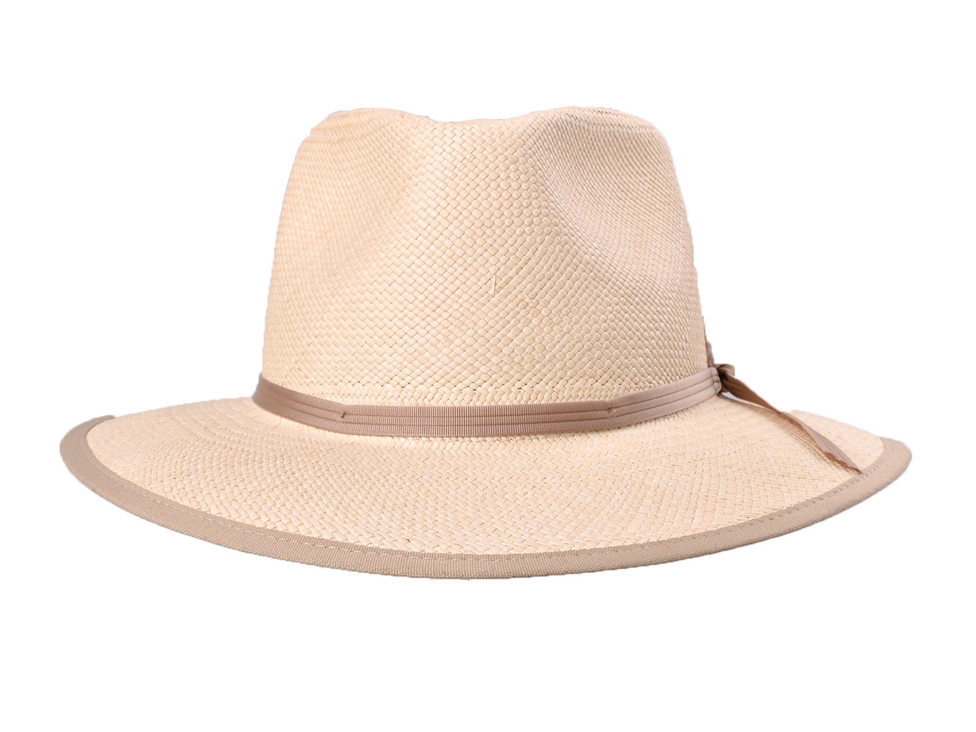 Beige straw hat with a brown band on a white background