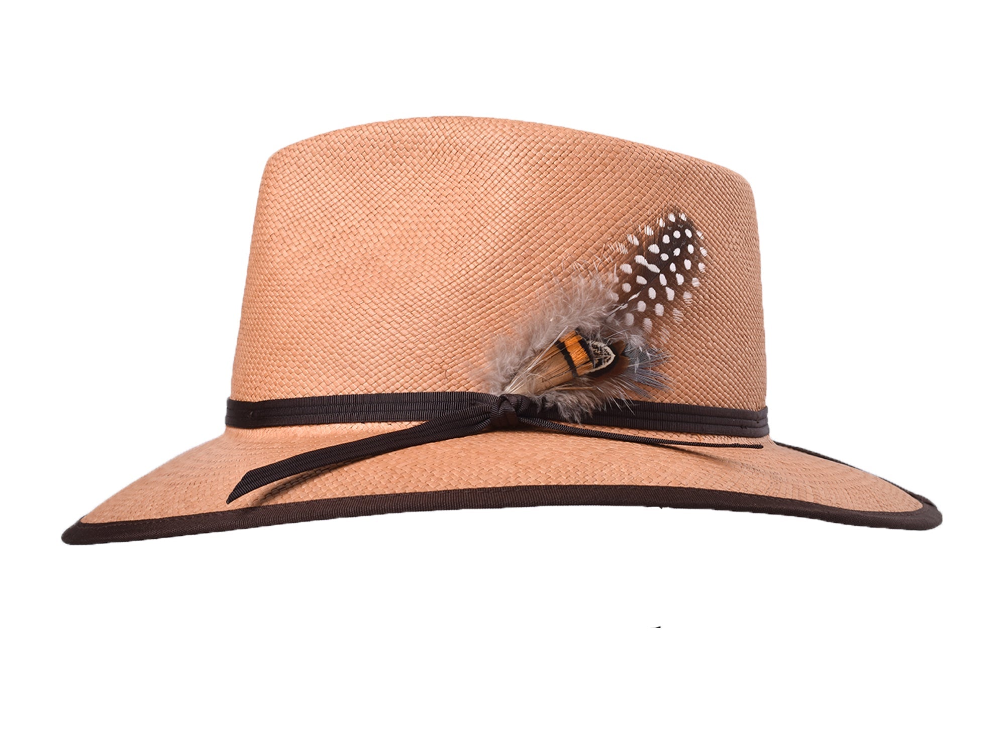 Beige straw hat with black band and feathers on a white background