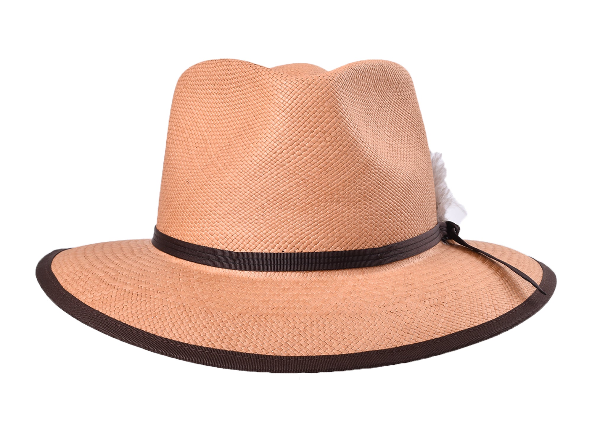 Beige straw hat with a black band on a white background