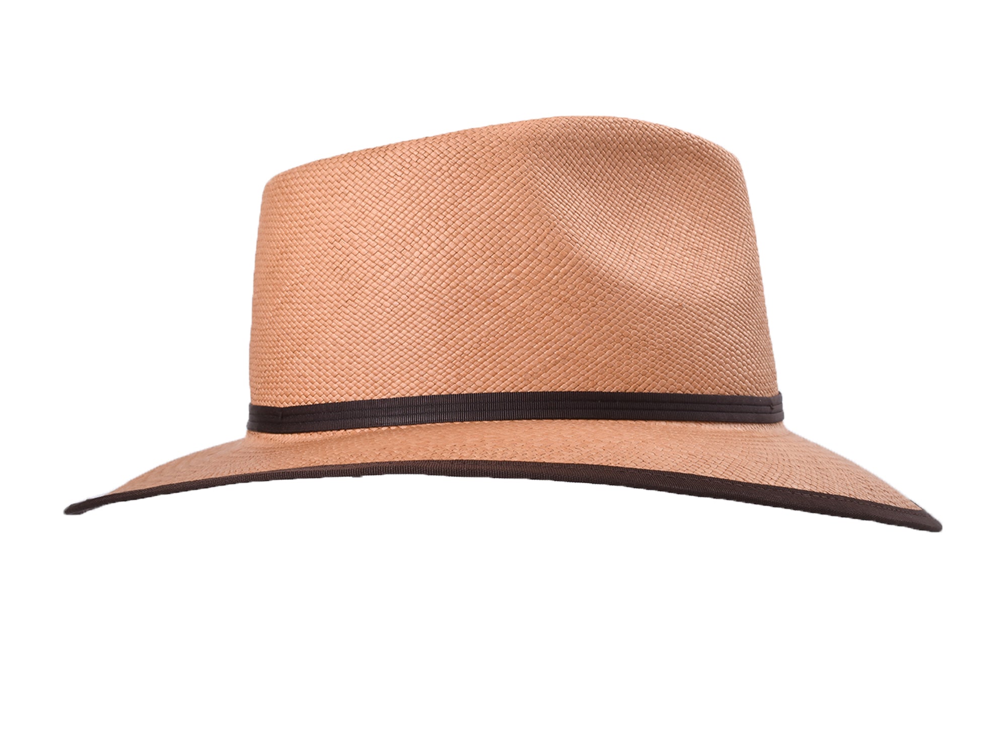 Beige straw hat with a black band on a white background