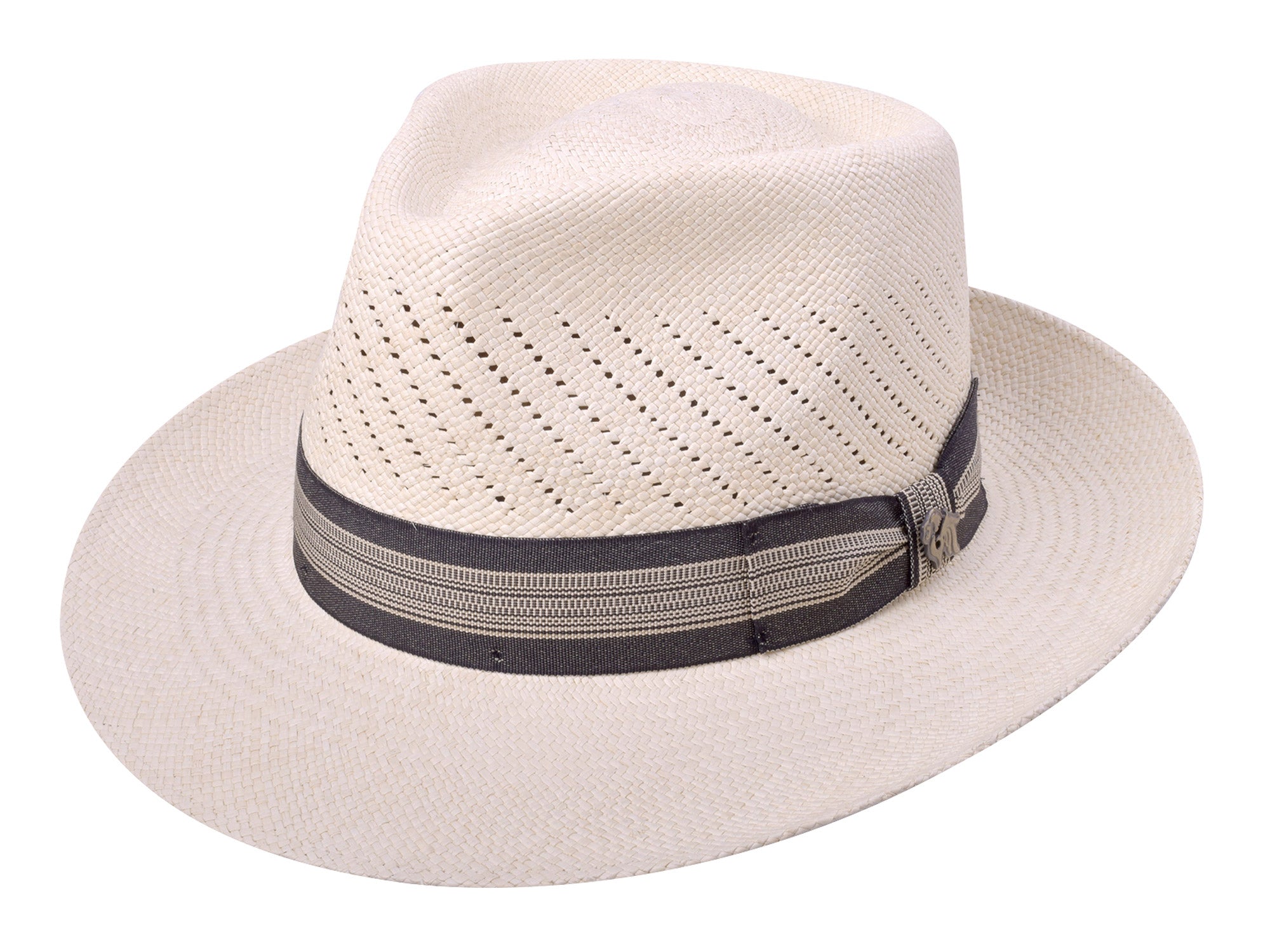 Beige straw hat with a black band on a white background