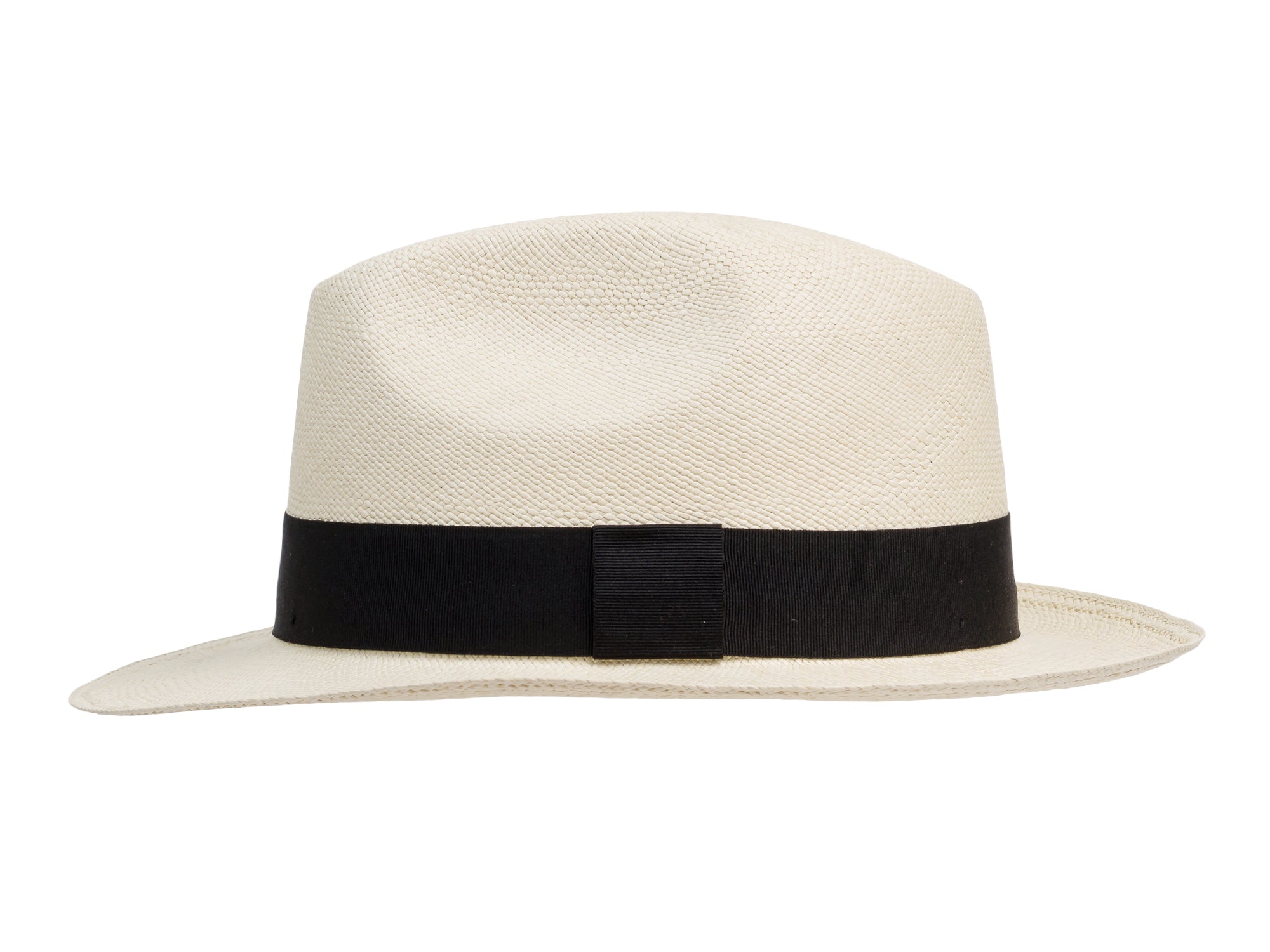 Beige straw hat with a black band on a white background