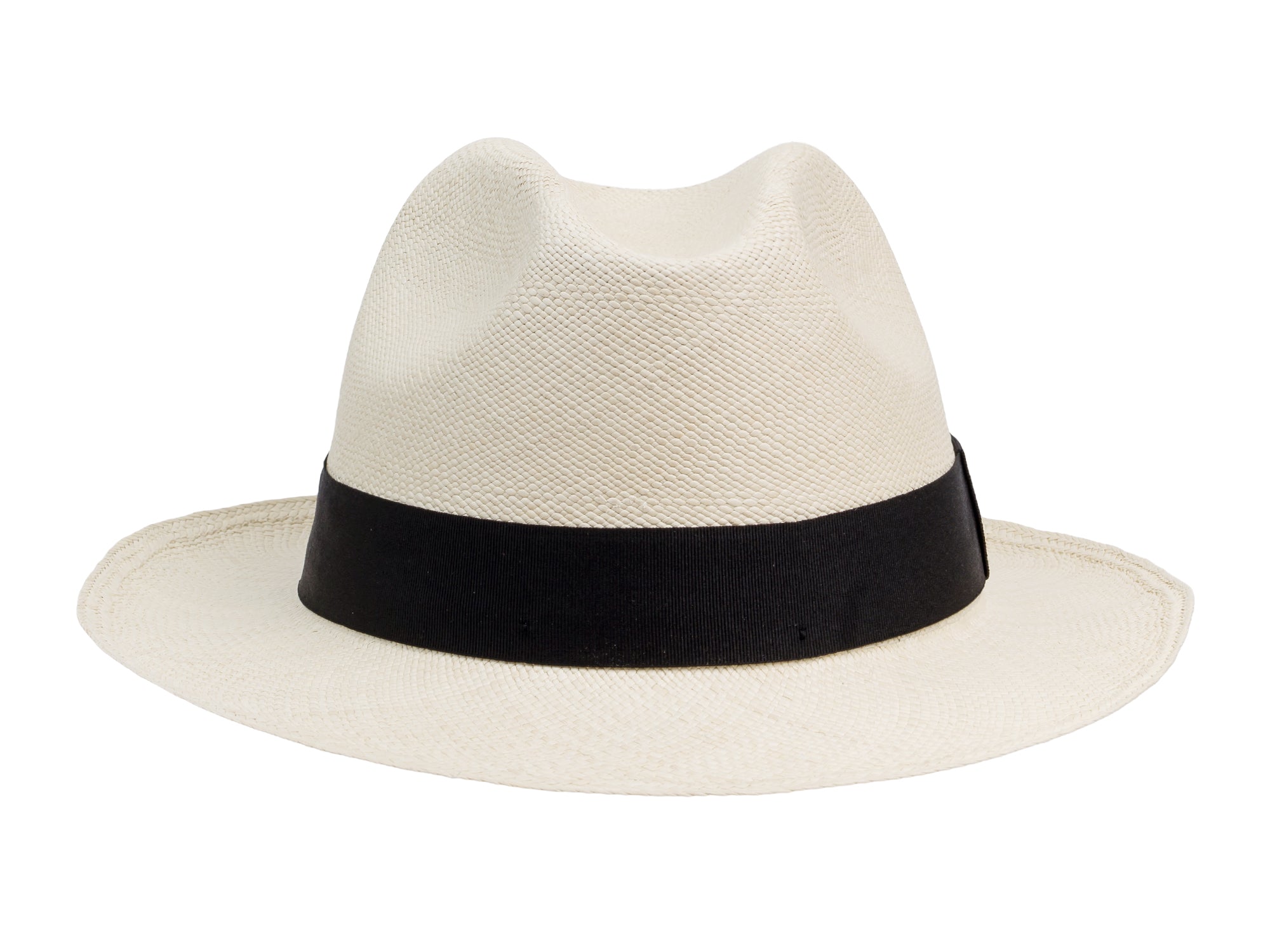White fedora hat with a black band on a white background