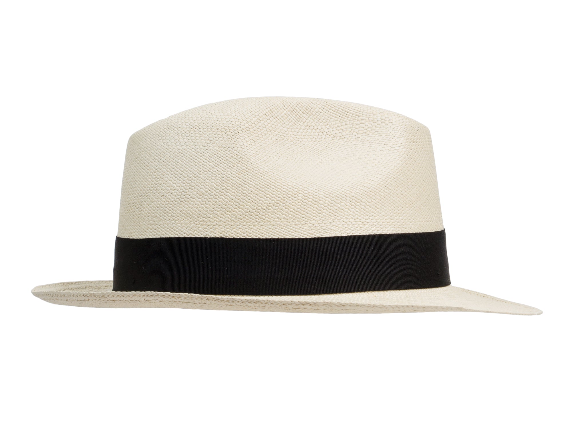 Beige straw hat with a black band on a white background