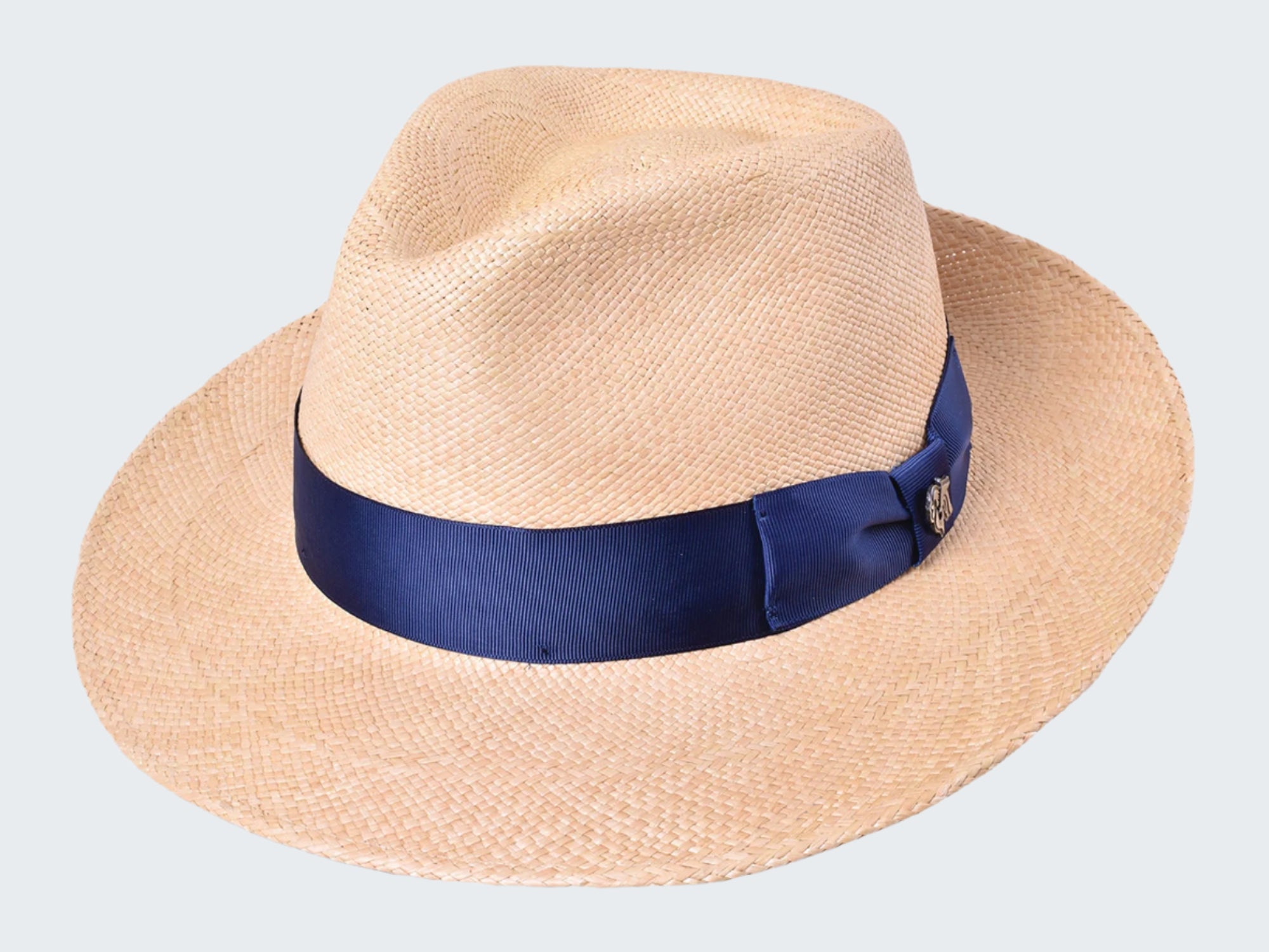 Beige straw hat with a blue band on a white background
