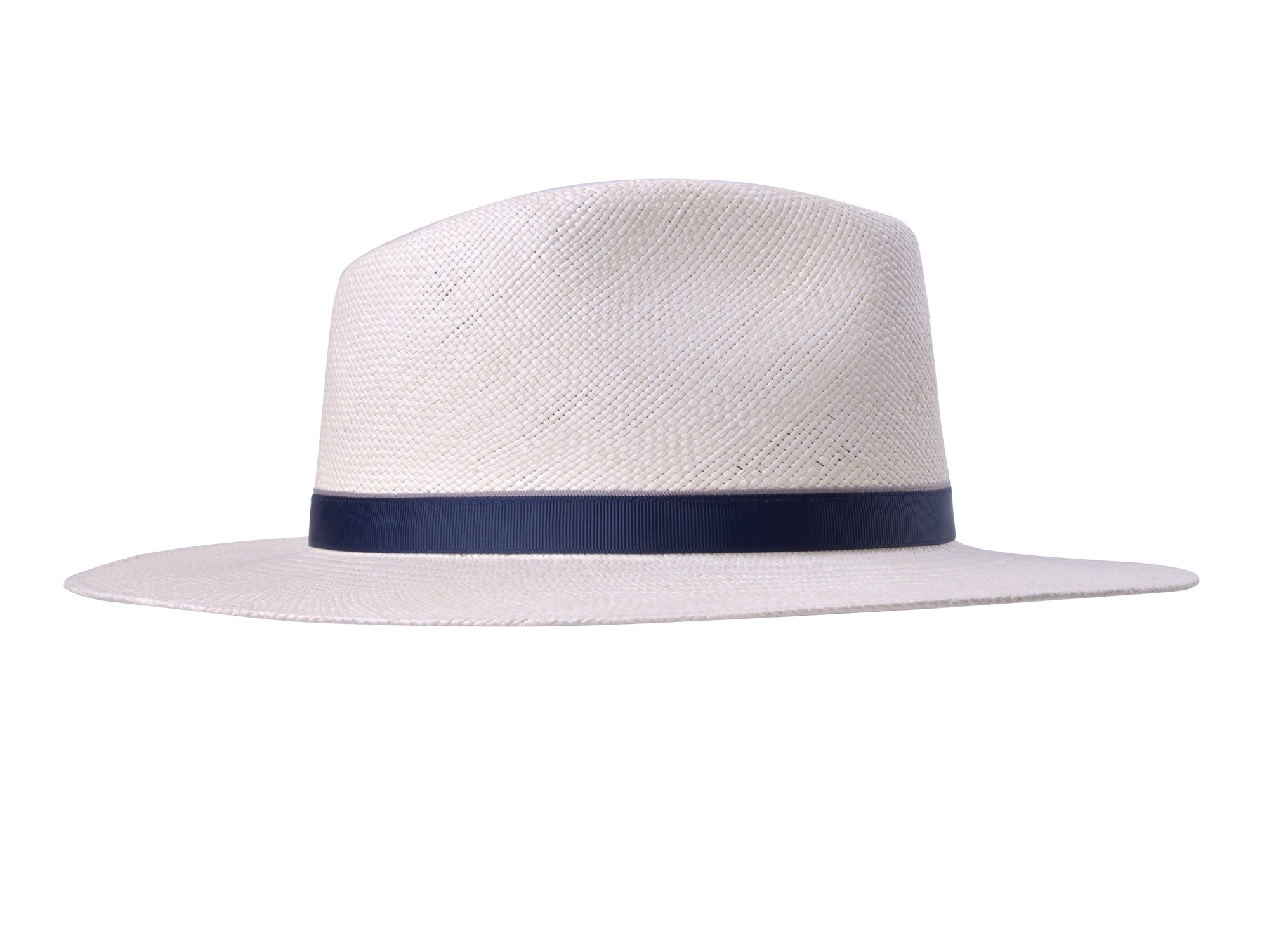 White straw hat with a navy band on a white background