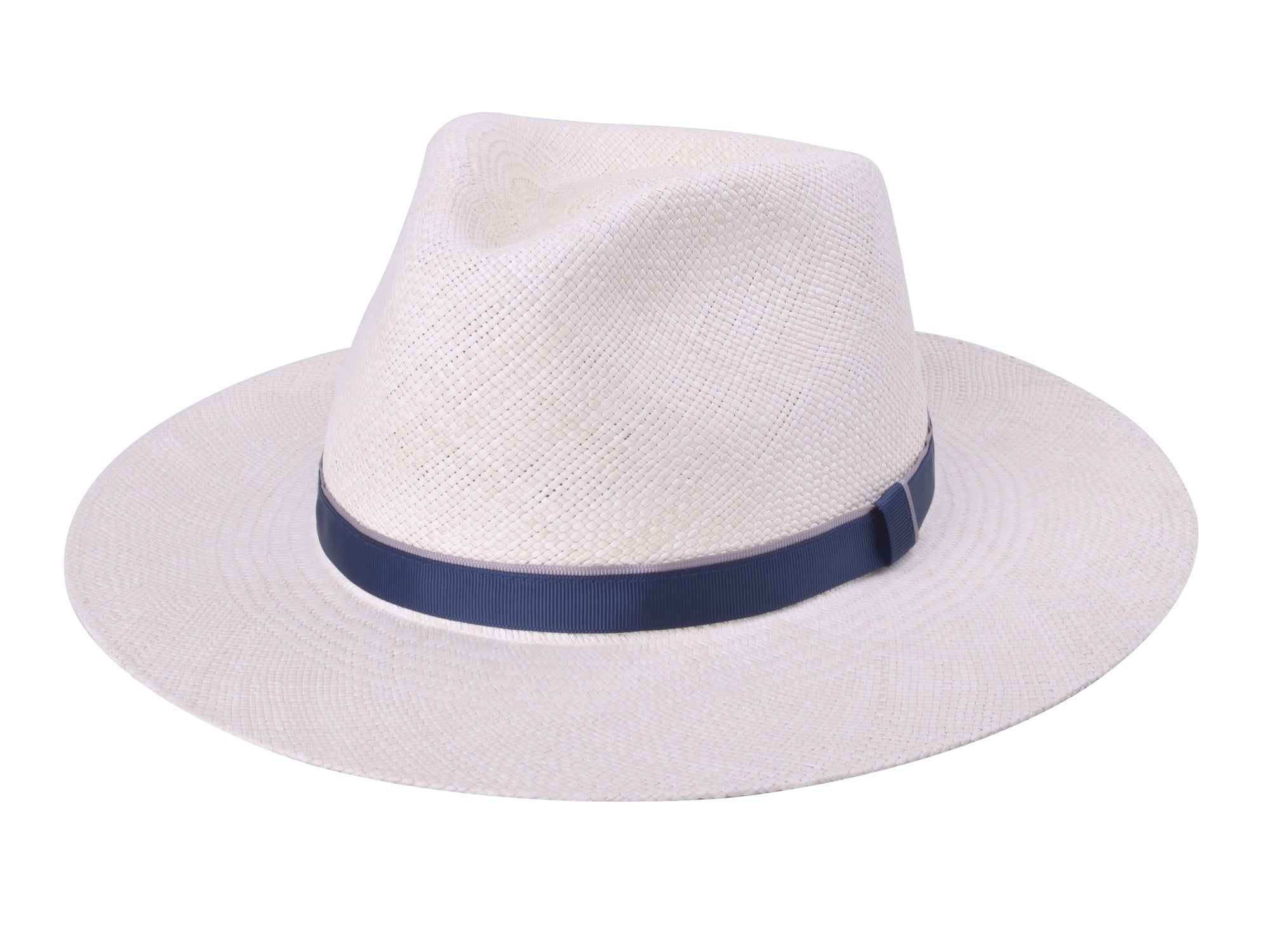 White fedora hat with a navy band on a white background