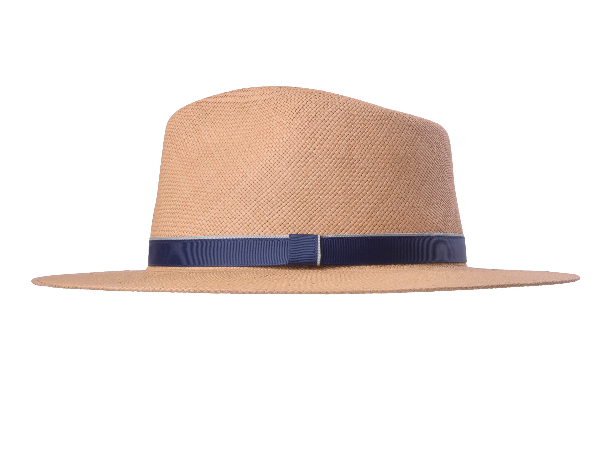 Beige straw hat with a navy band on a white background