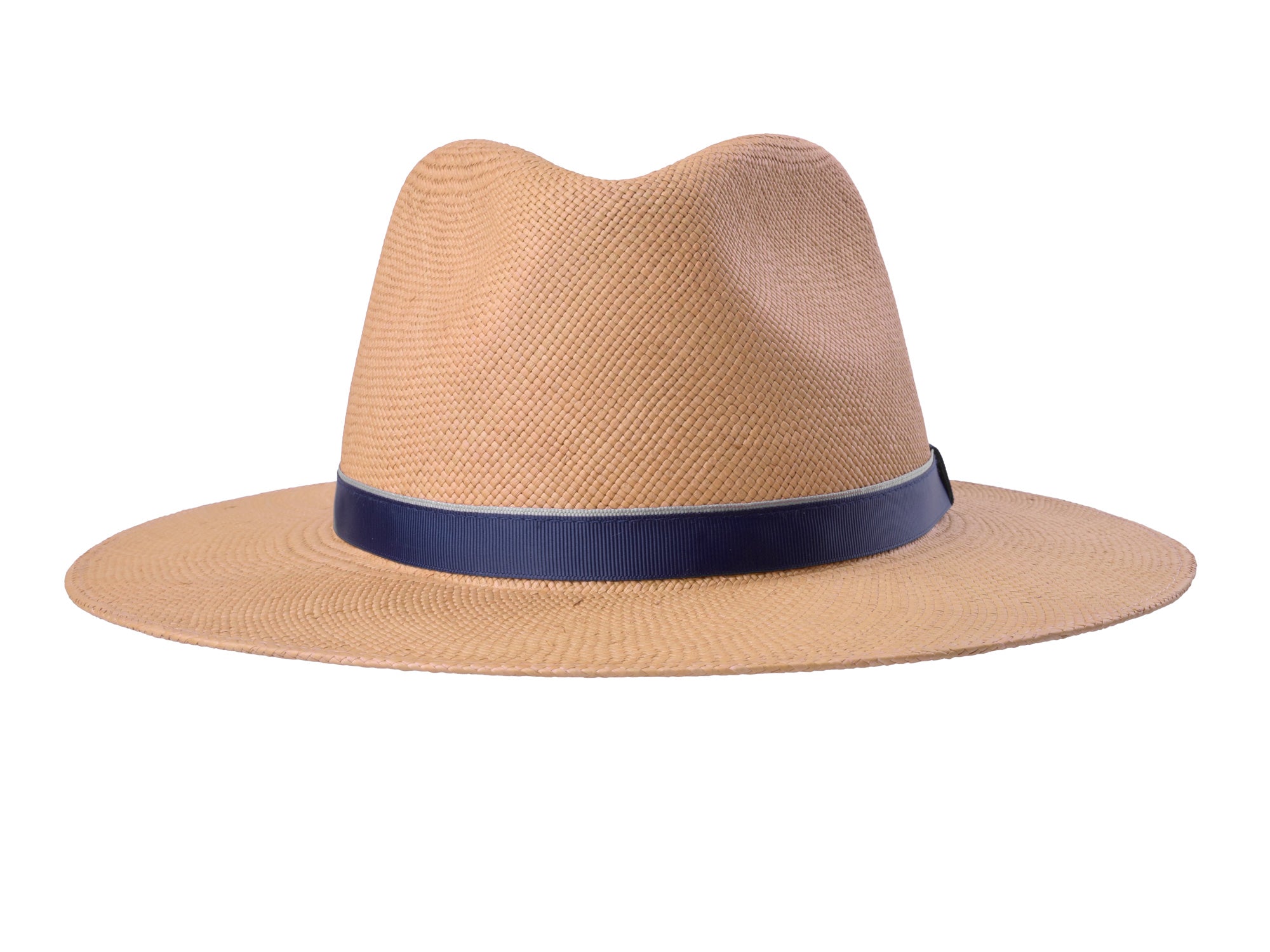 Beige straw hat with a navy band on a white background