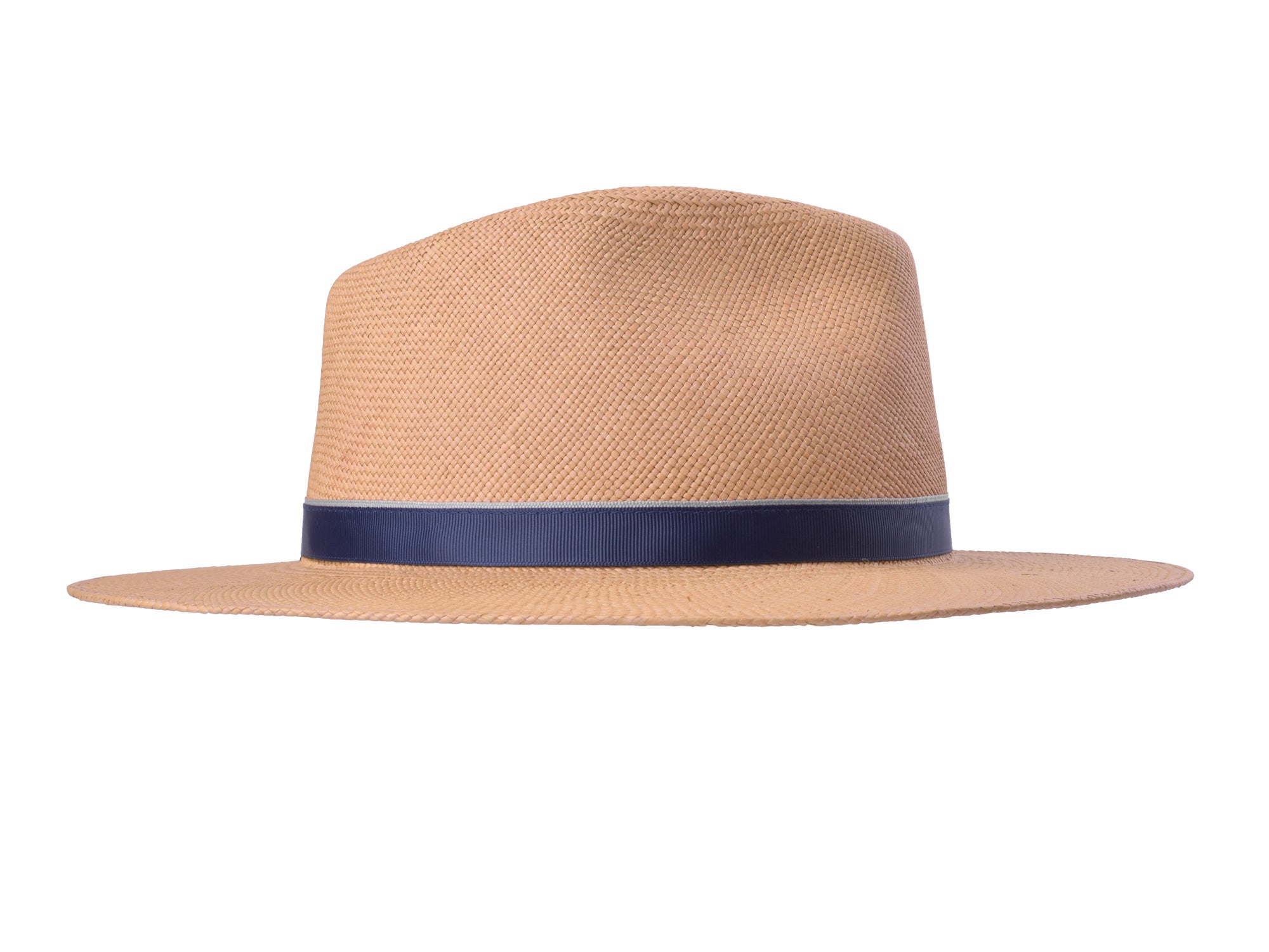 Beige straw hat with a navy band on a white background