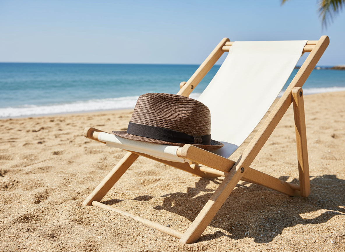 Brown straw hat with a black band on a white background