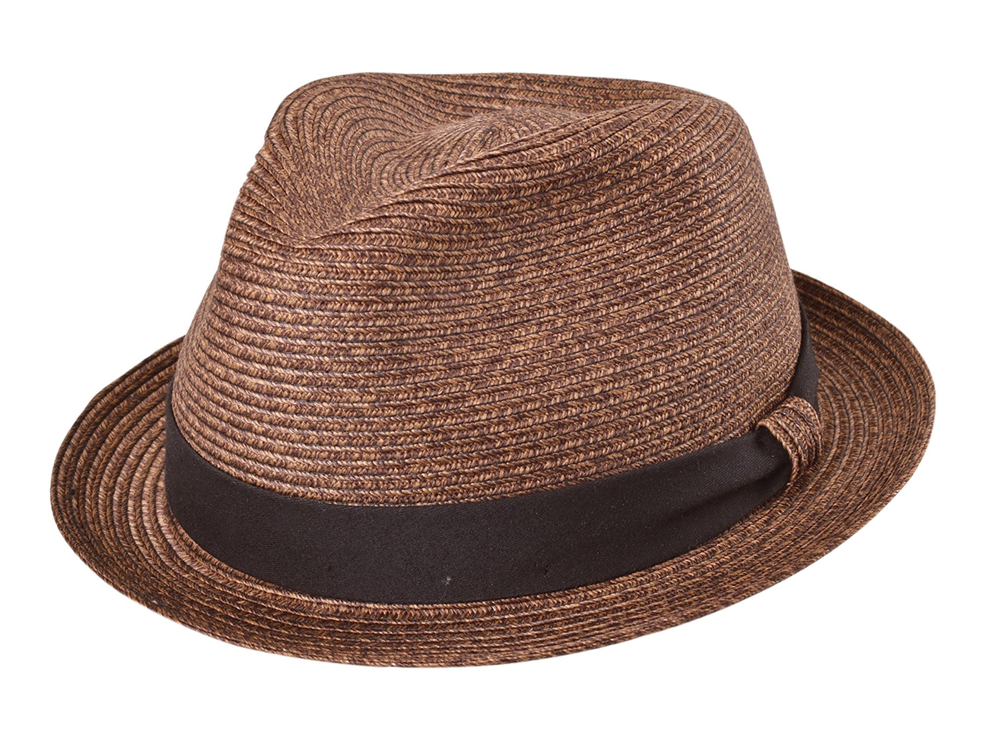 Brown straw hat with a black band on a white background