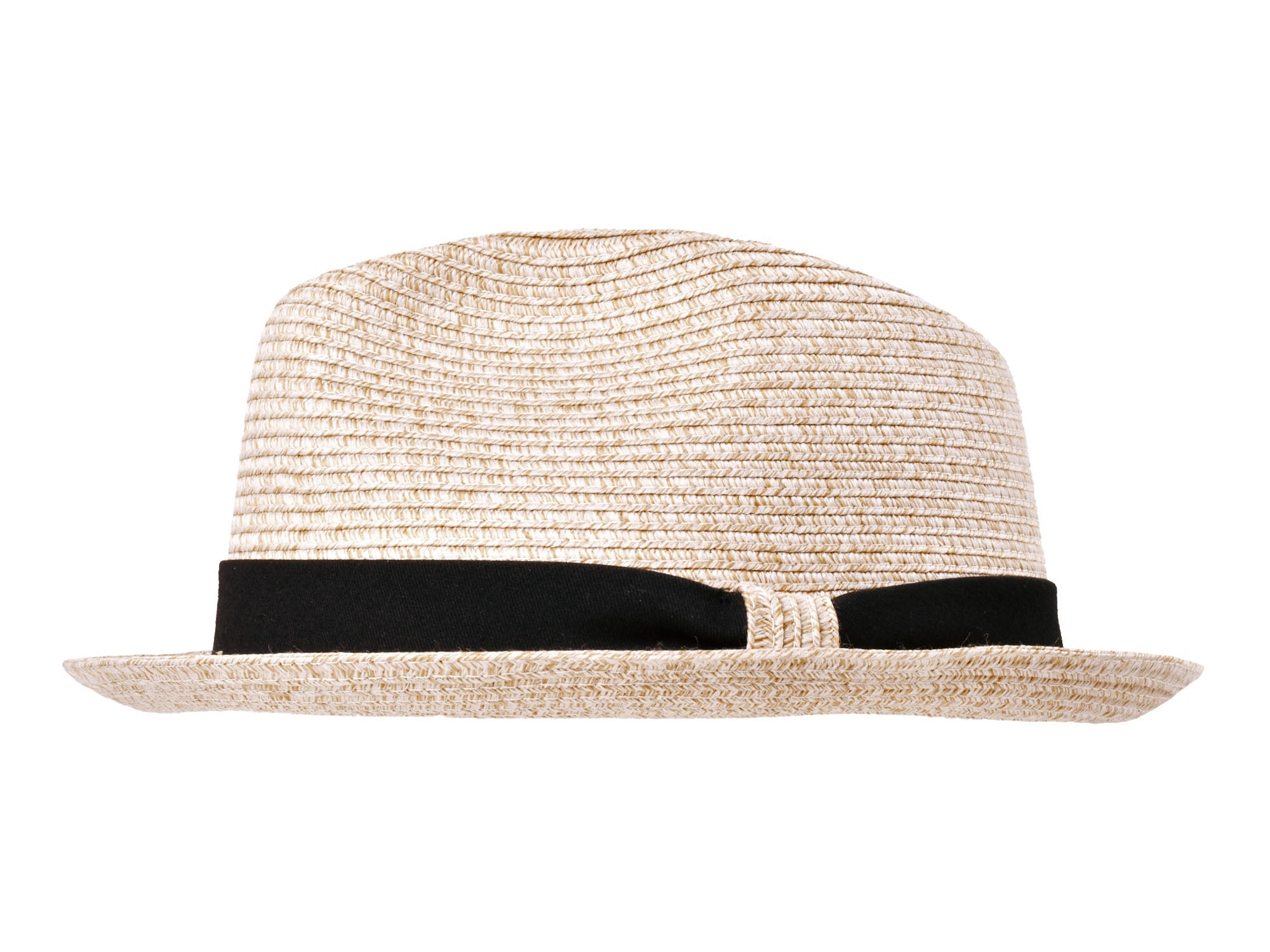 Beige straw hat with a black band on a white background