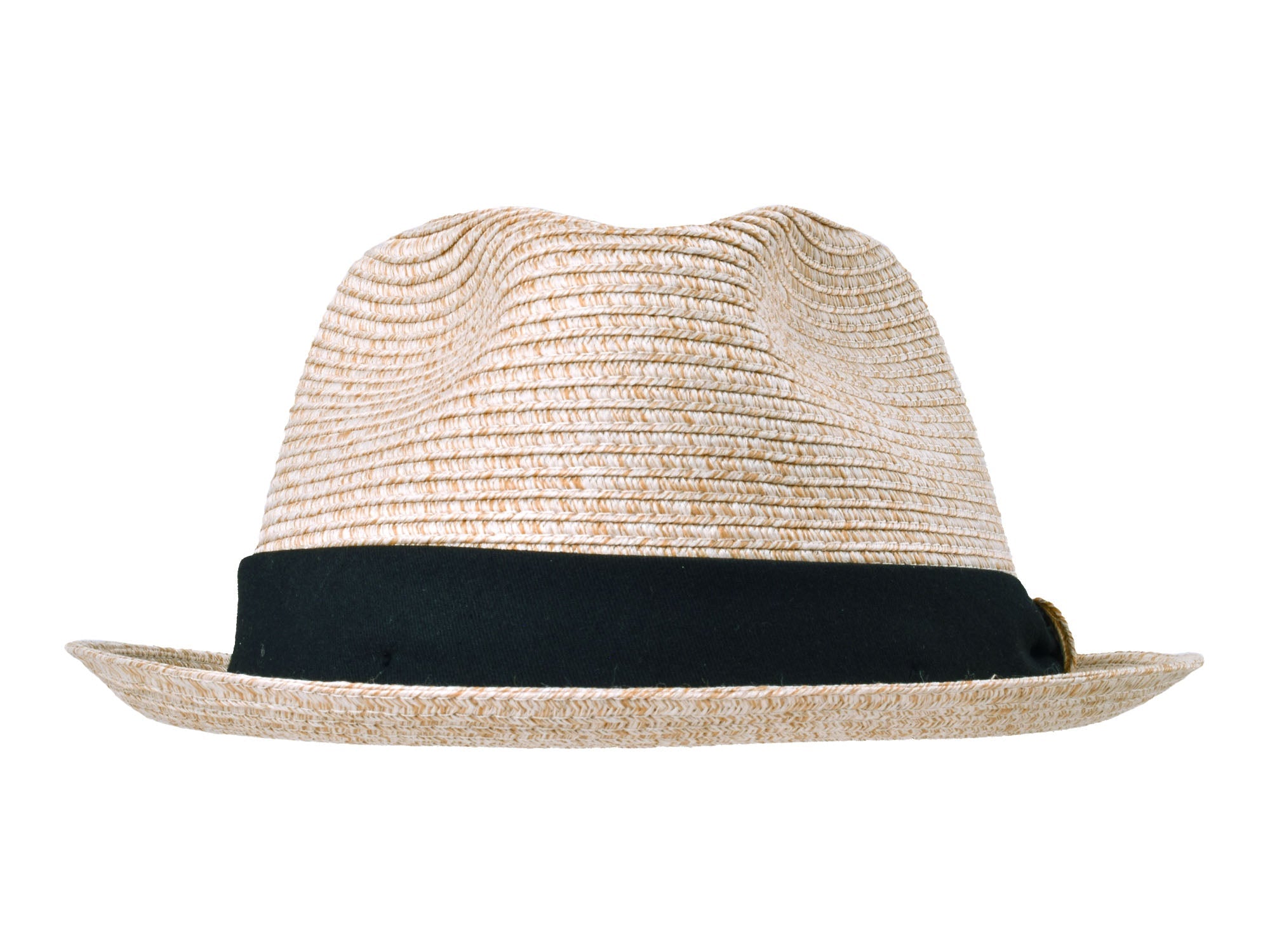 Beige straw hat with a black band on a white background