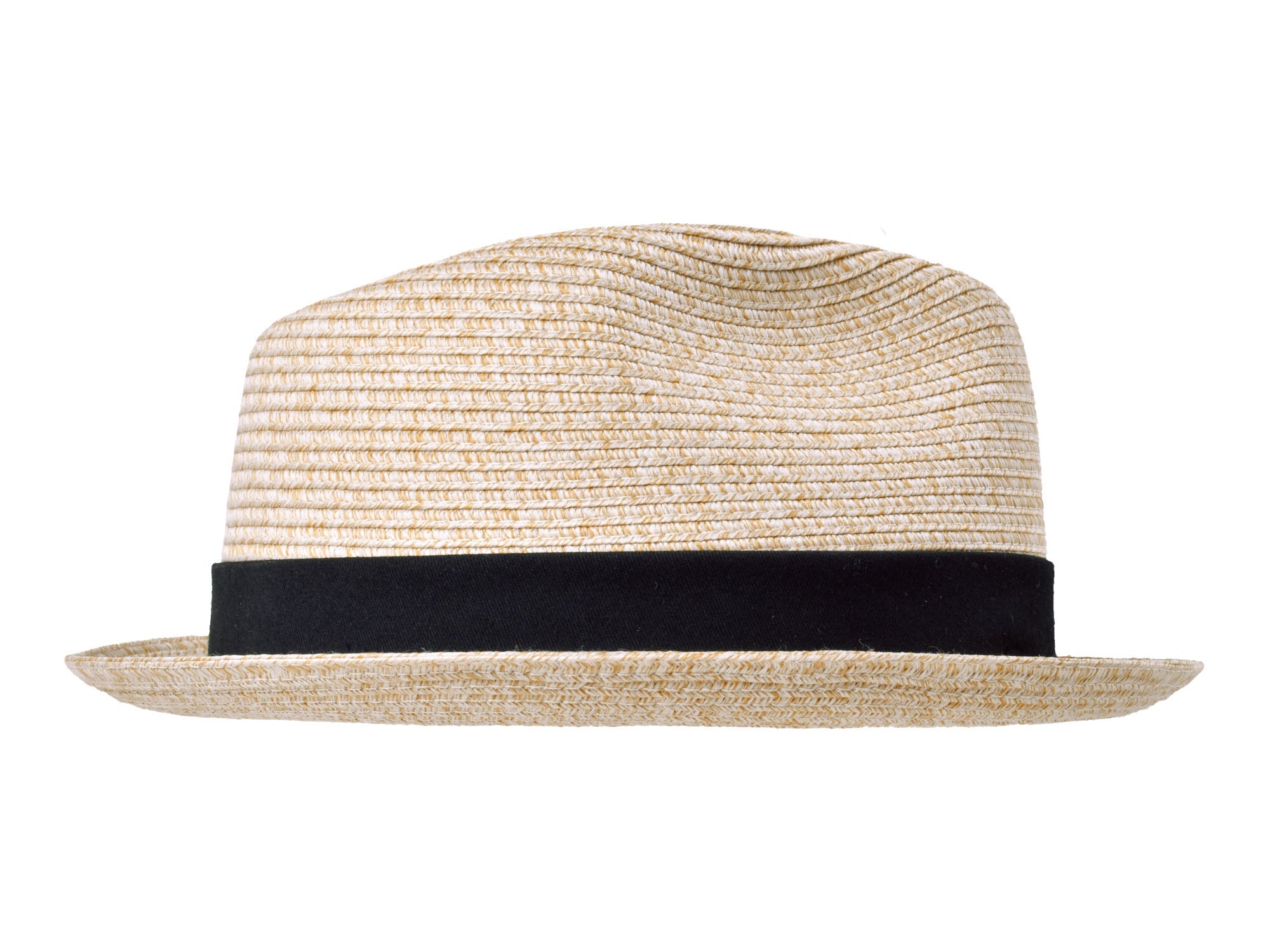 Beige straw hat with a black band on a white background