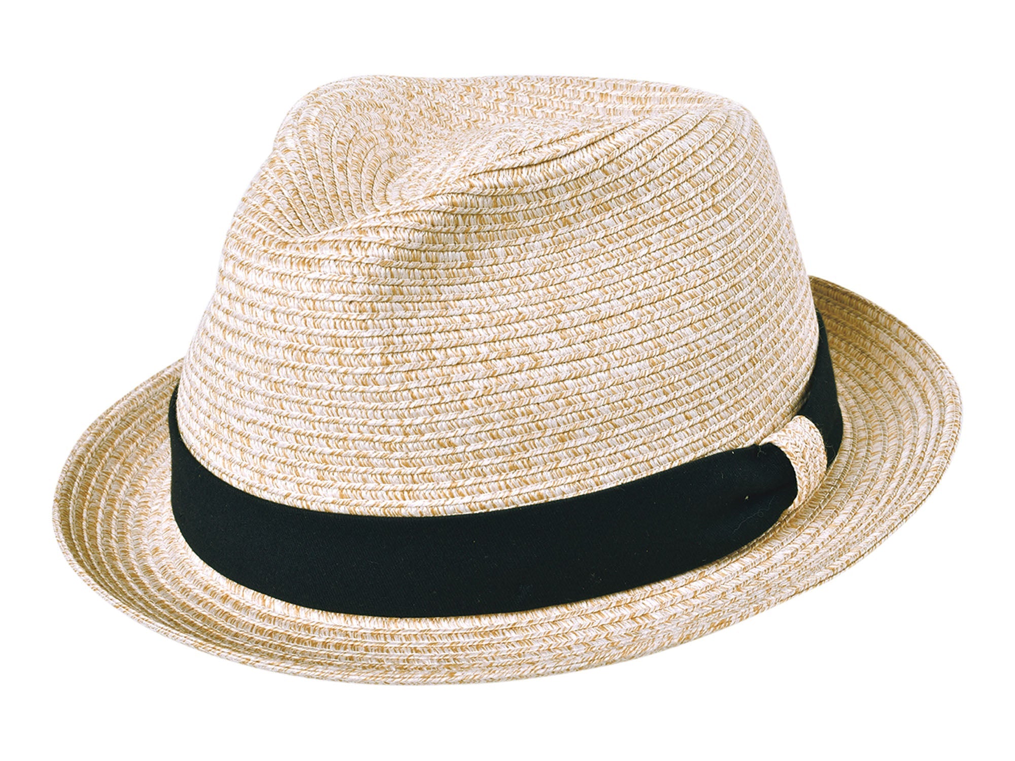 Beige straw hat with a black band on a white background