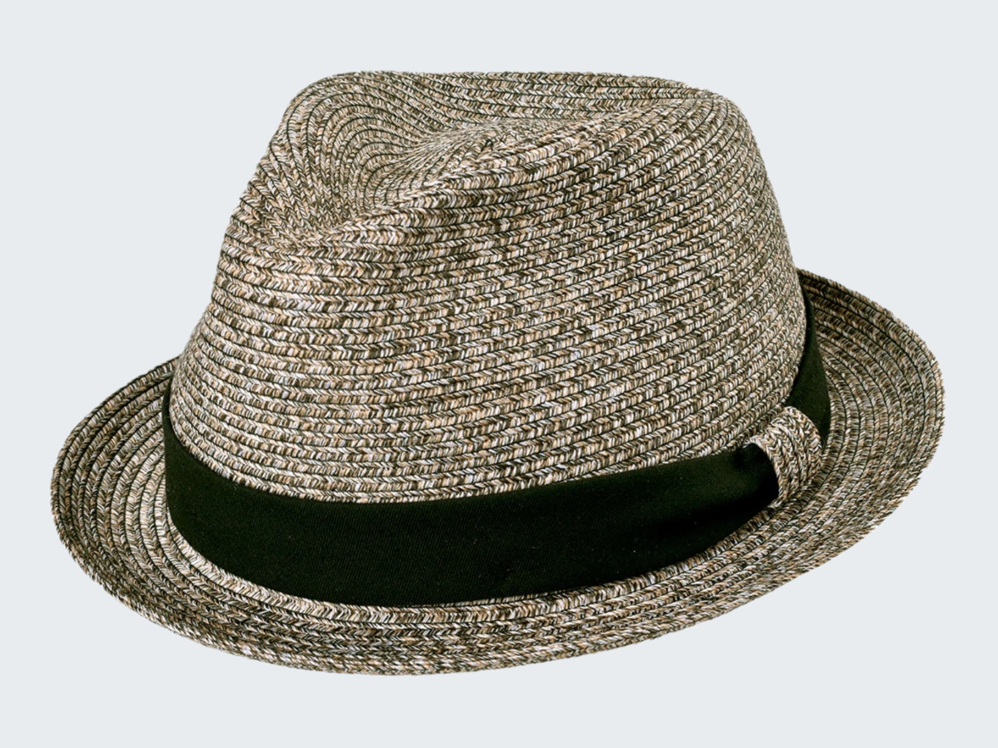 Woven fedora hat with a black band on a white background