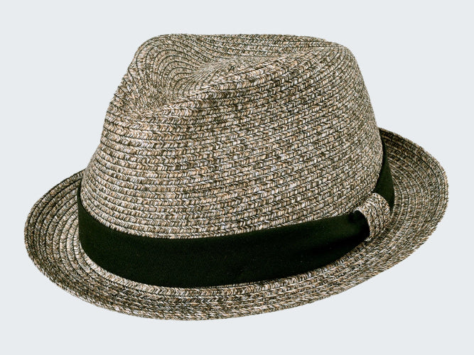 Woven fedora hat with a black band on a white background