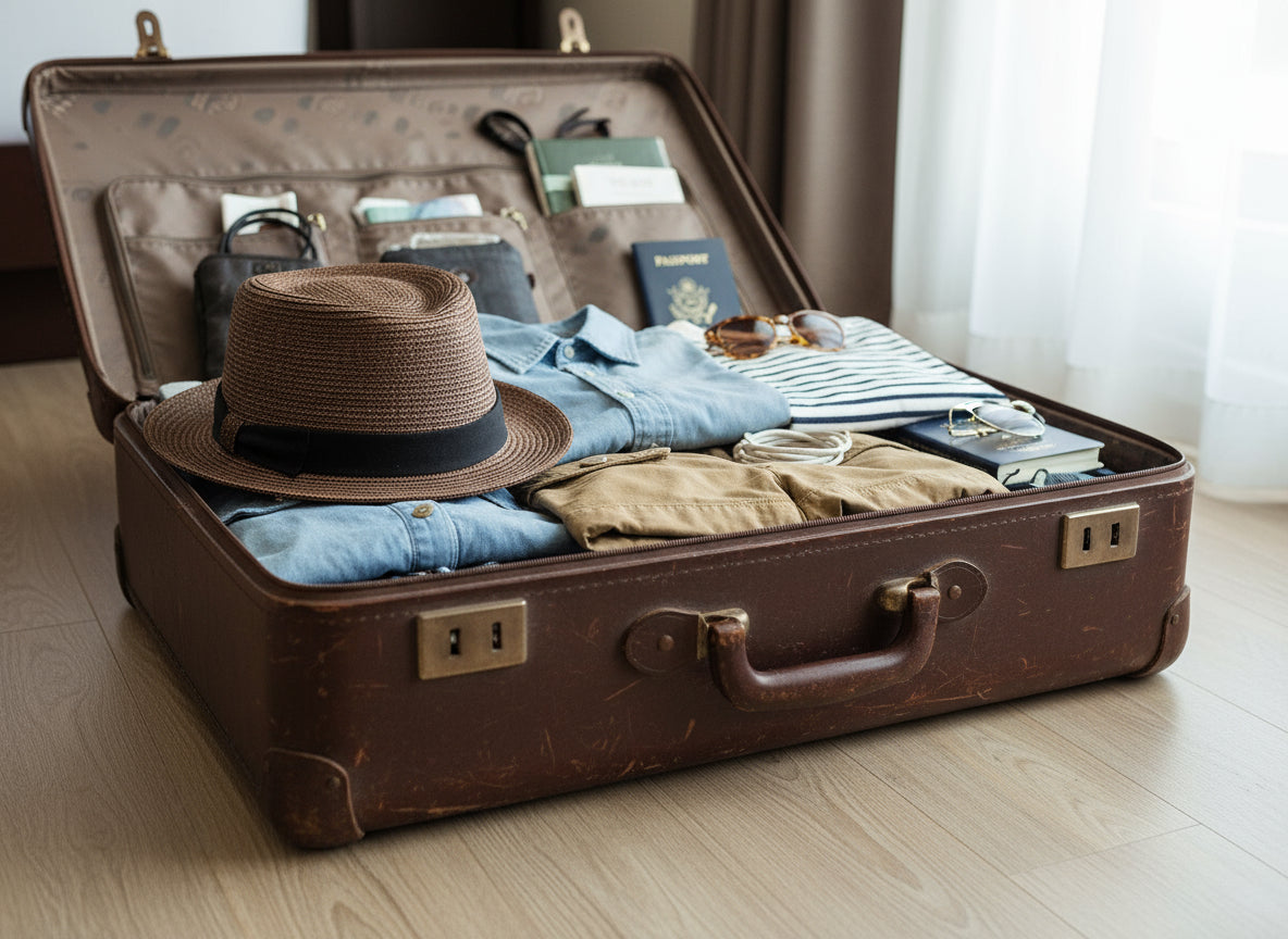 Brown straw hat with a black band on a white background