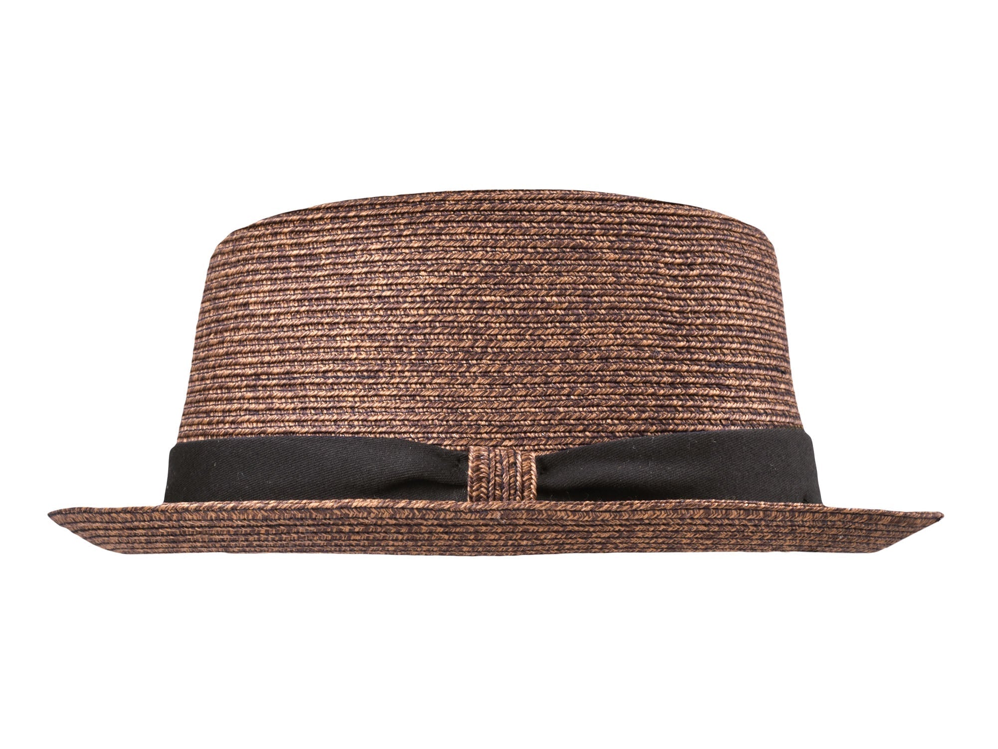 Brown straw hat with a black band on a white background