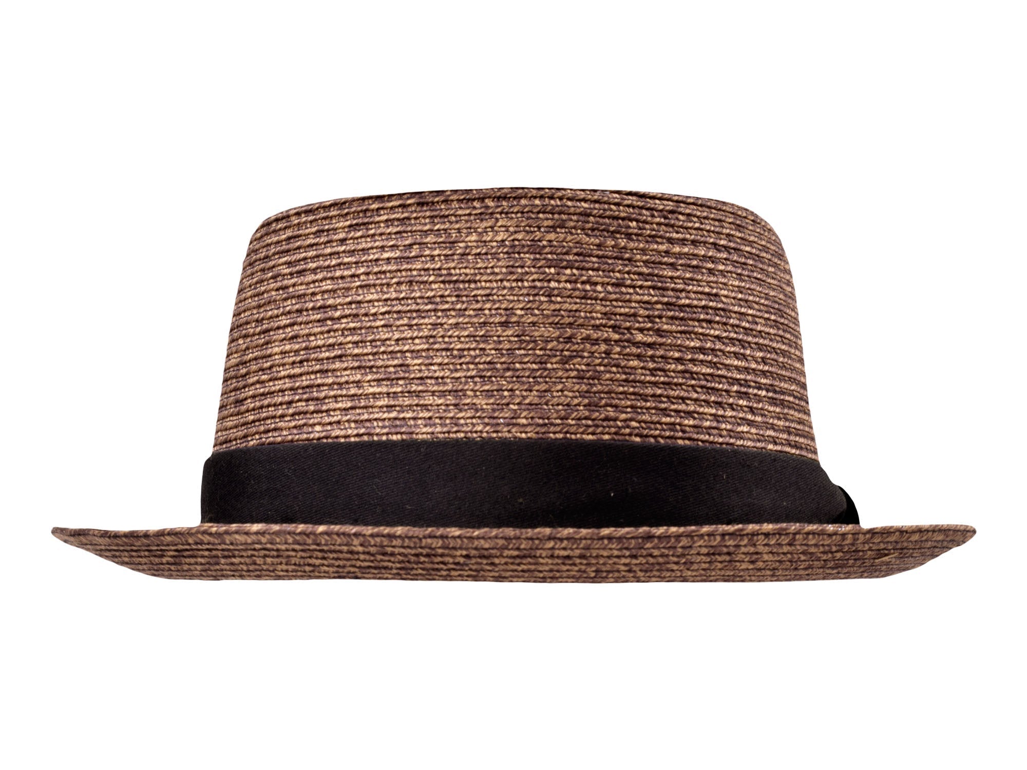 Brown straw hat with a black band on a white background