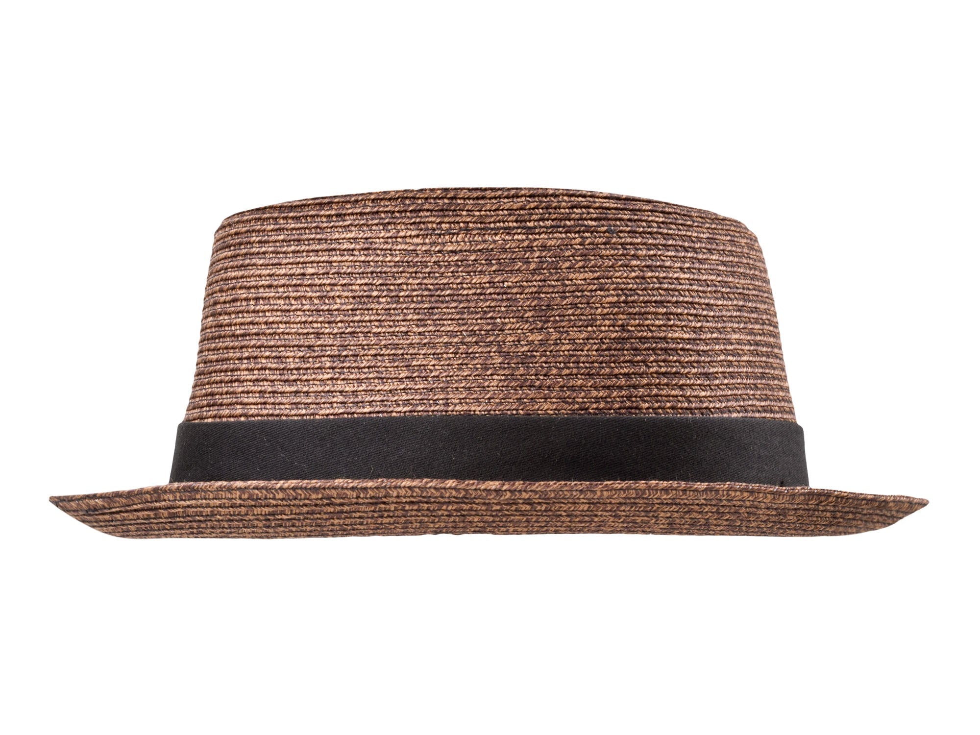 Brown straw hat with a black band on a white background