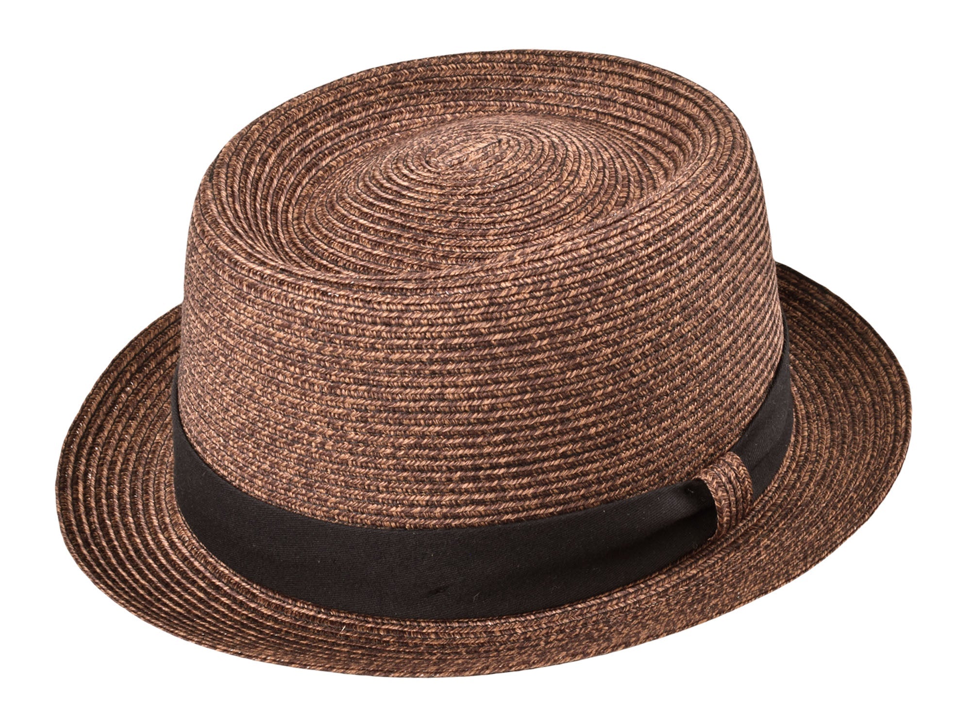 Brown straw hat with a black band on a white background