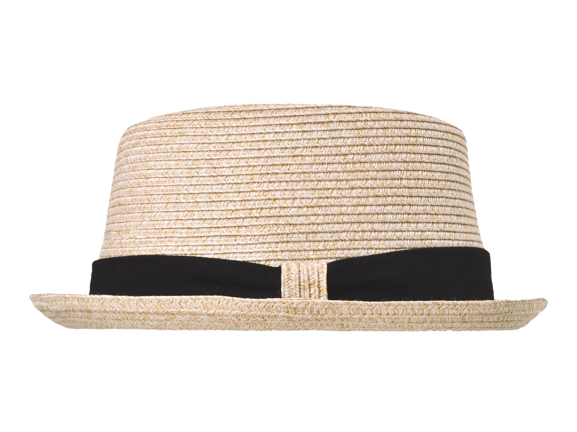Beige straw hat with a black band on a white background