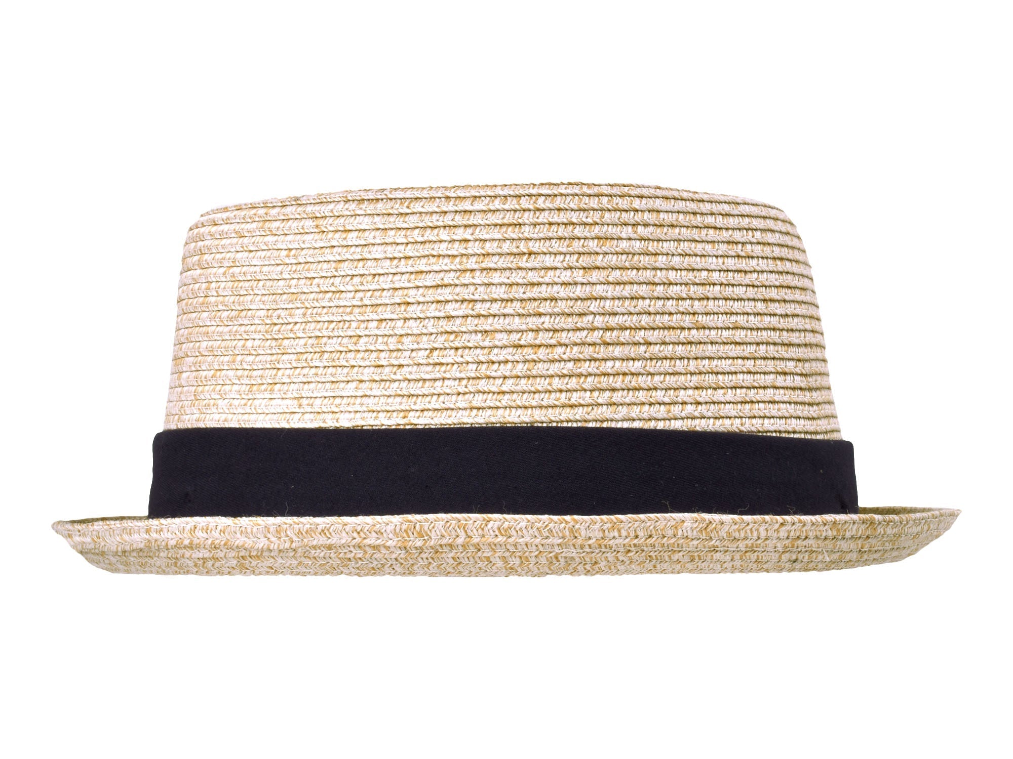 Beige straw hat with a black band on a white background