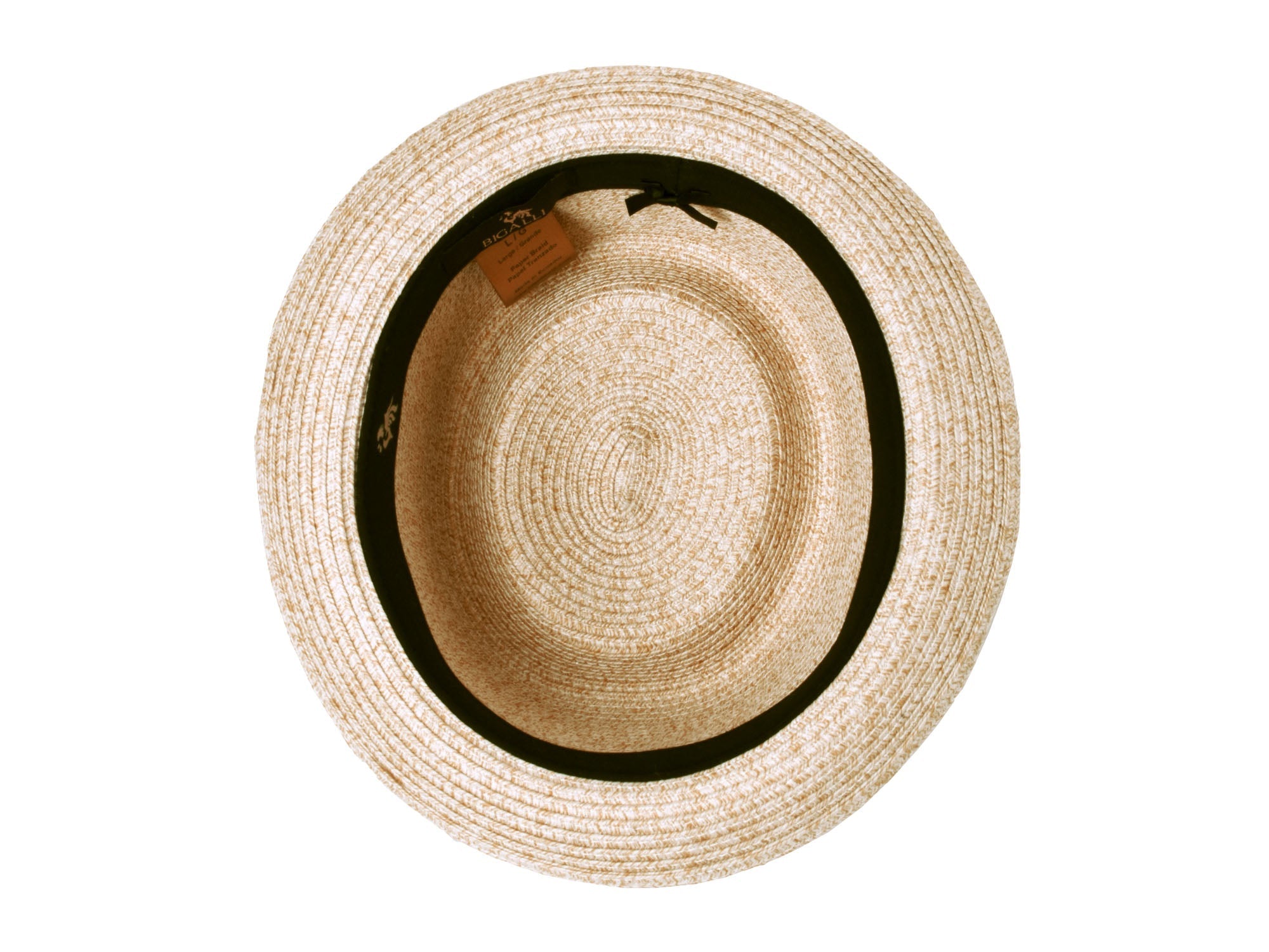 Beige straw hat with black band on a white background