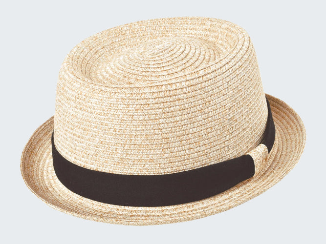 Beige straw hat with a black band on a white background