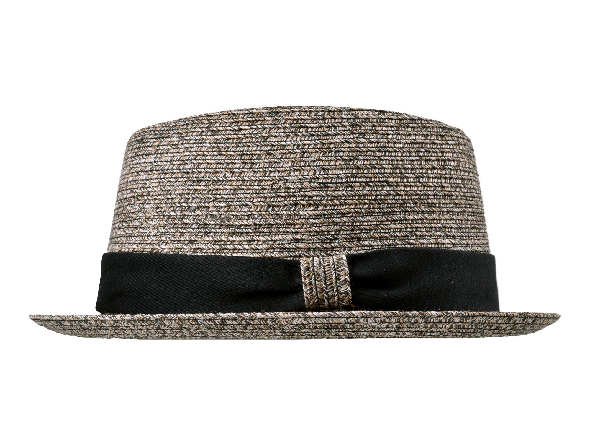 Textured fedora hat with a black band on a white background