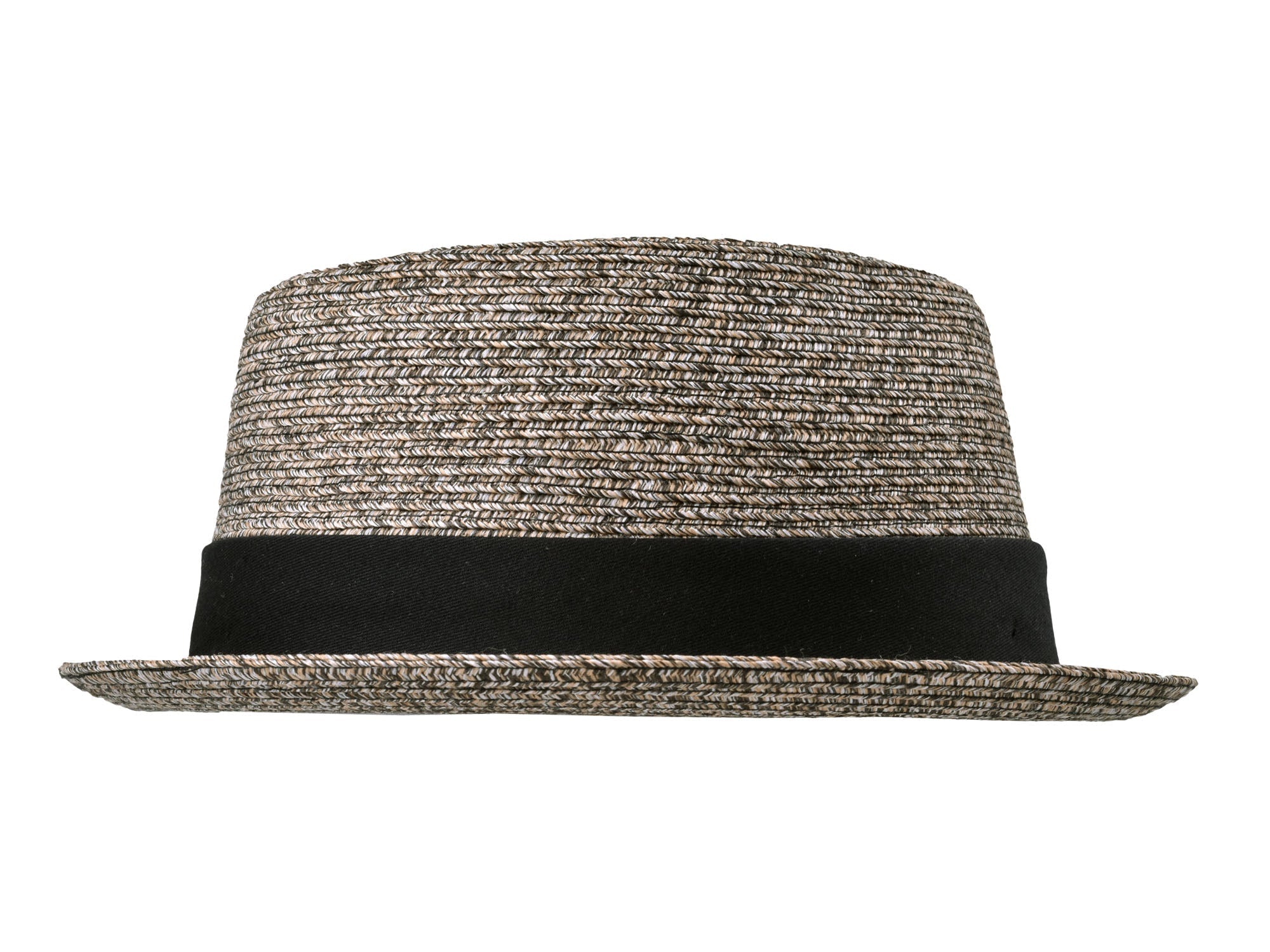 Woven fedora hat with a black band on a white background