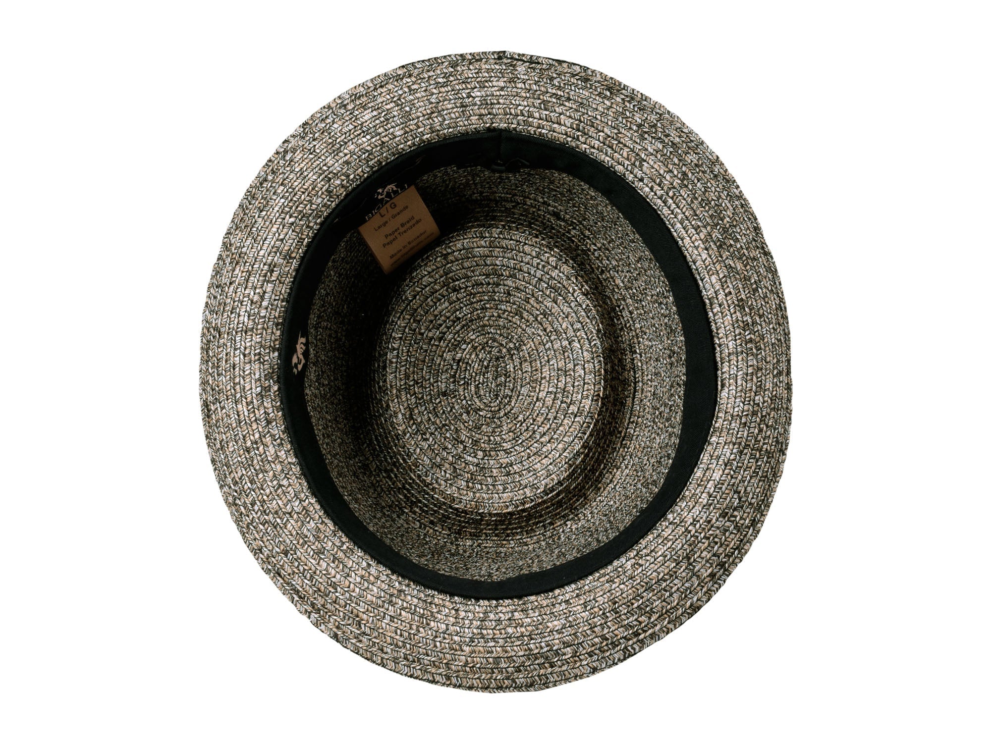 Woven hat with a visible brand label on a white background