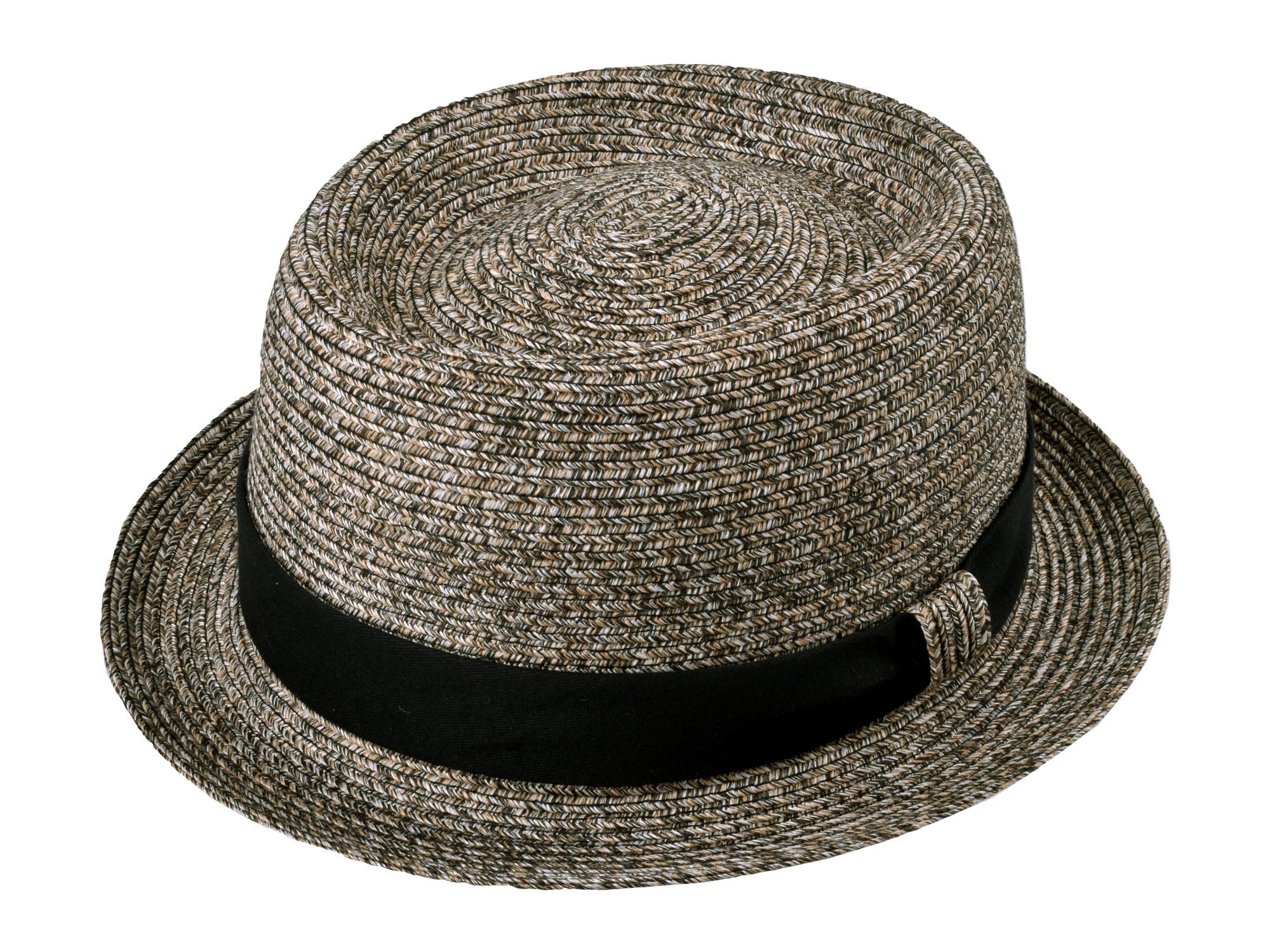 Woven straw hat with a black band on a white background