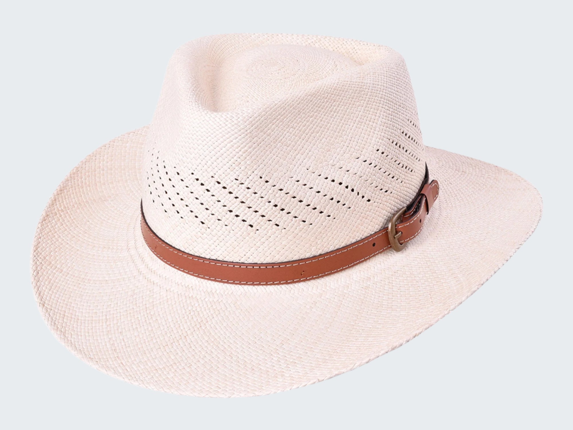 Beige straw hat with a brown band on a white background