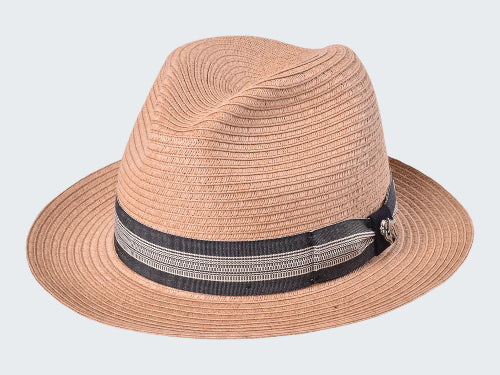 Beige straw hat with a black and white striped band on a white background