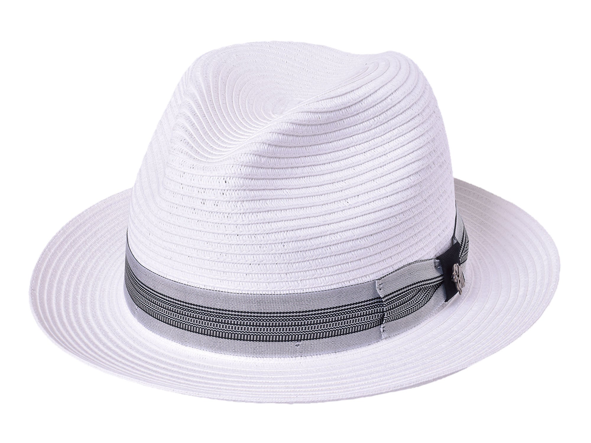 White straw hat with a black band on a white background