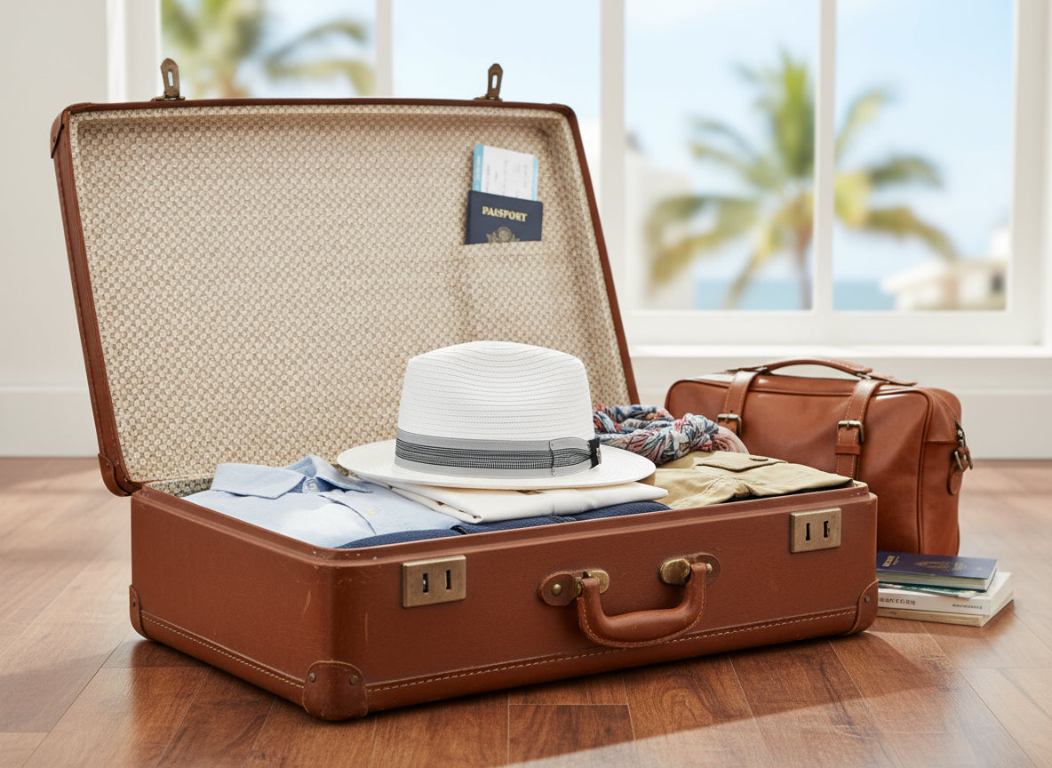 White straw hat with a black band on a white background