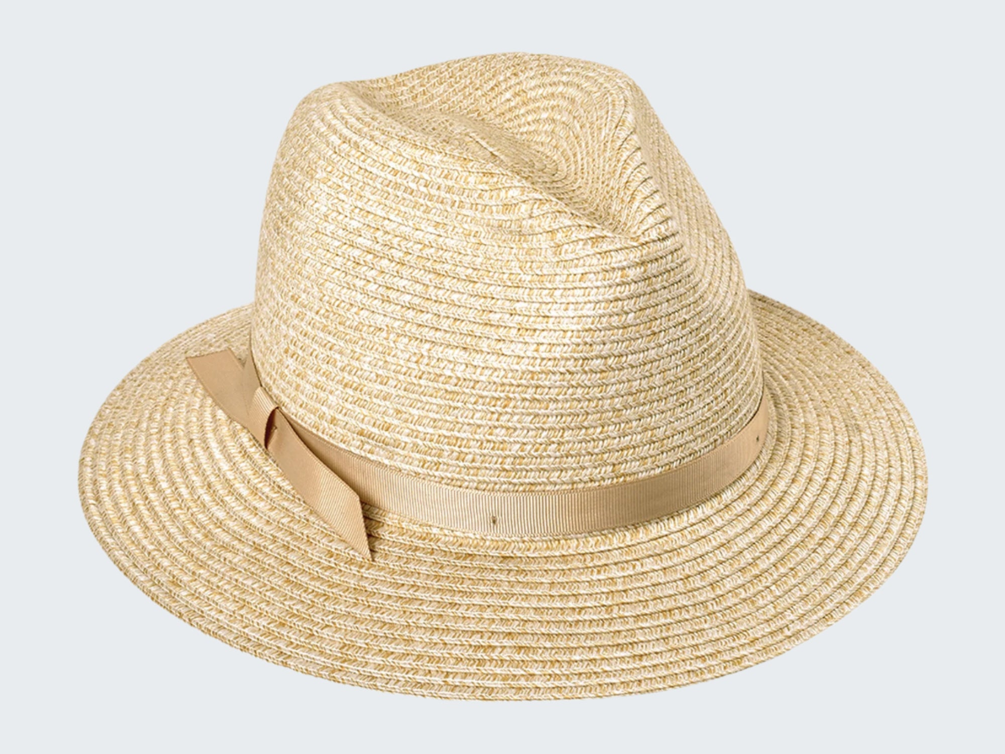 Beige straw hat with a ribbon on a white background