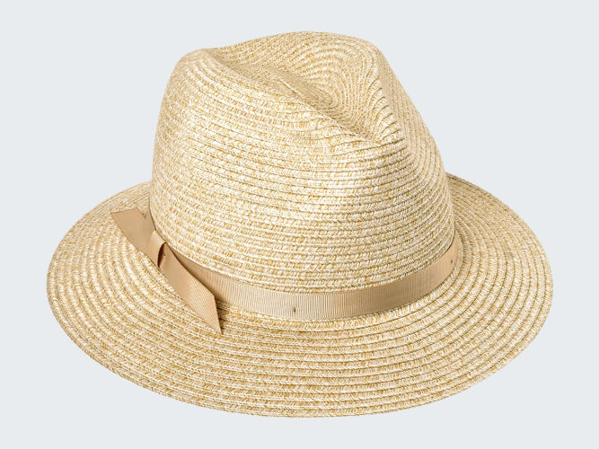Beige straw hat with a ribbon on a white background