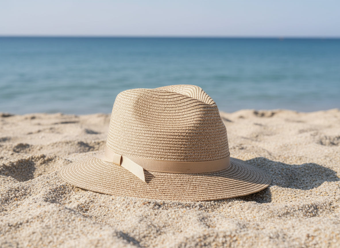 Beige straw hat with a ribbon on a white background