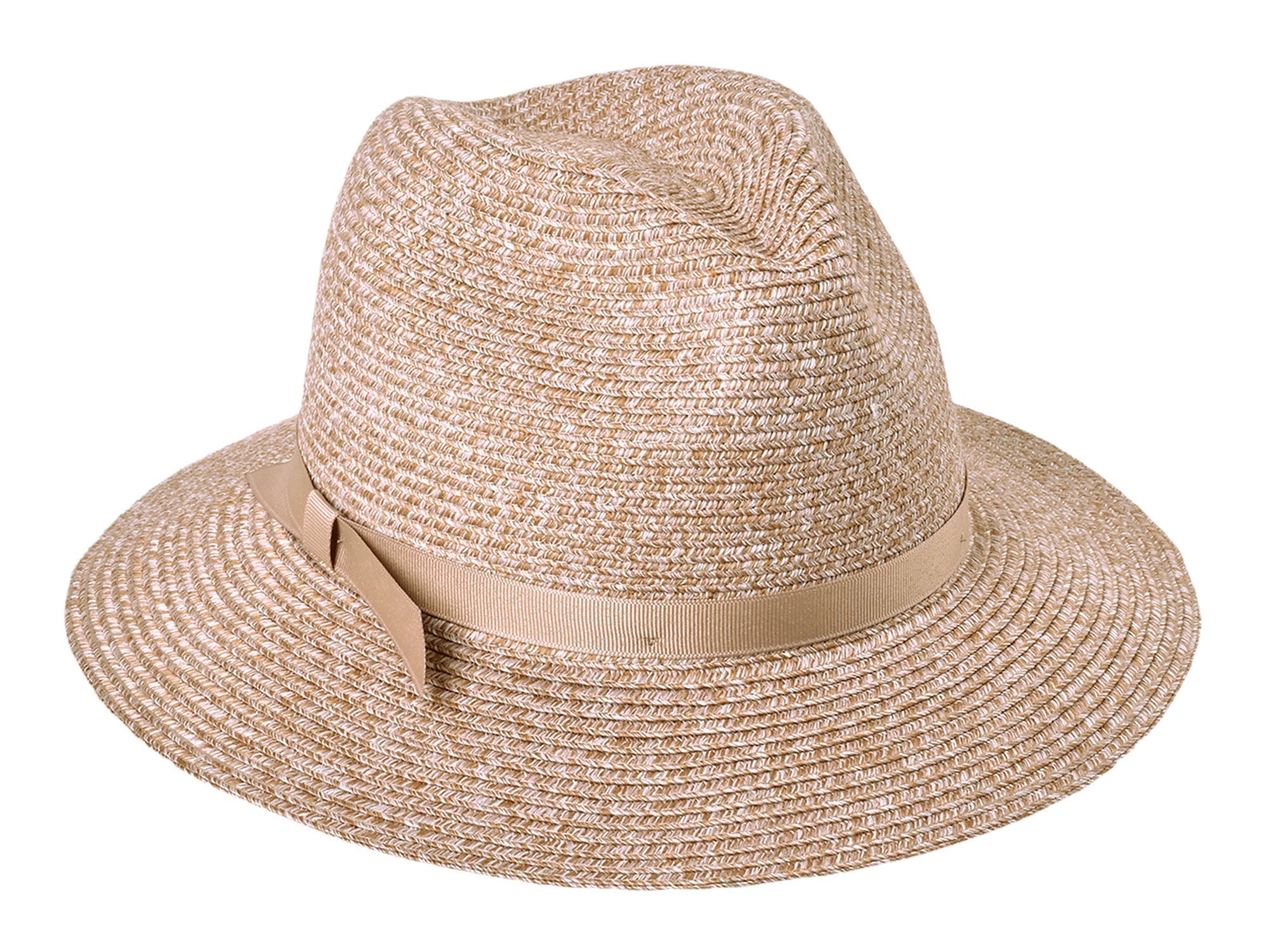 Beige straw hat with a ribbon on a white background