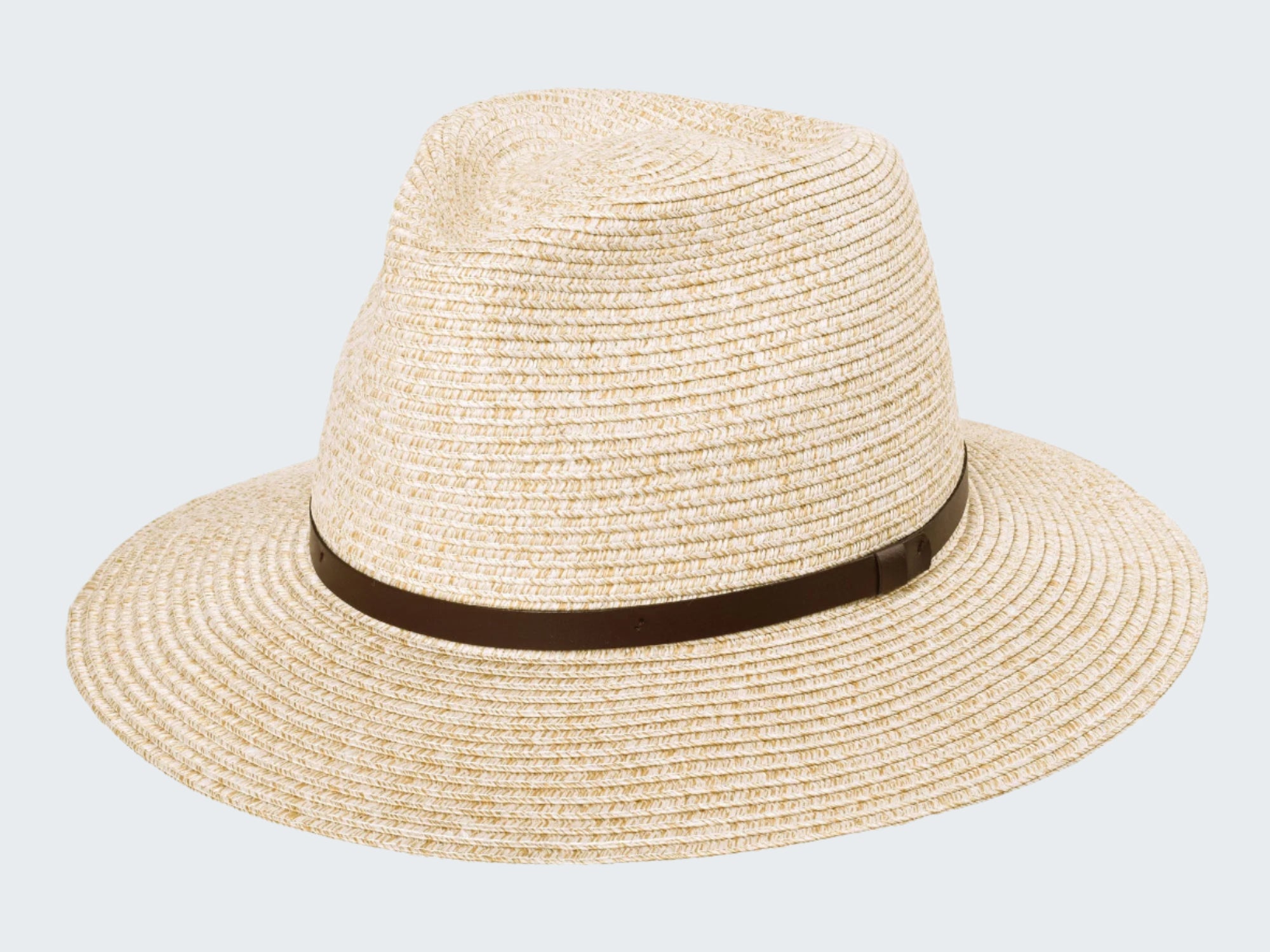 Beige straw hat with a brown band on a white background