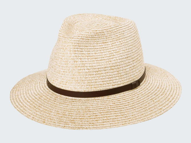 Beige straw hat with a brown band on a white background