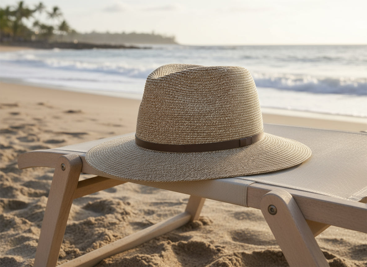 Beige straw hat with a brown band on a white background