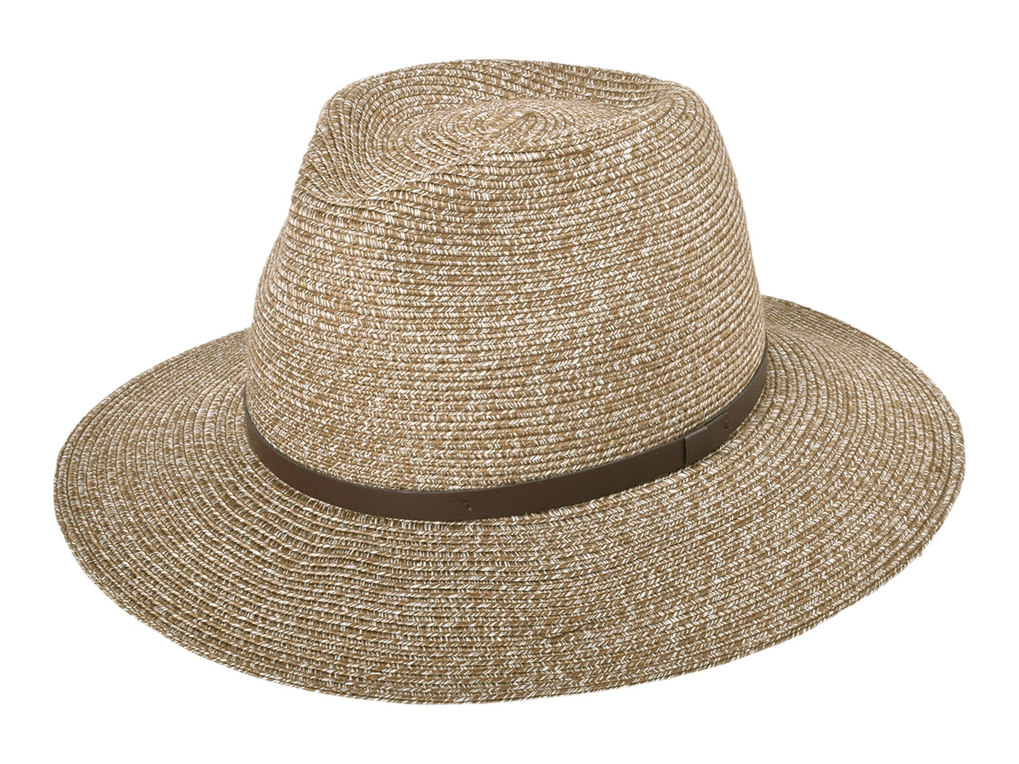 Beige straw hat with a brown band on a white background