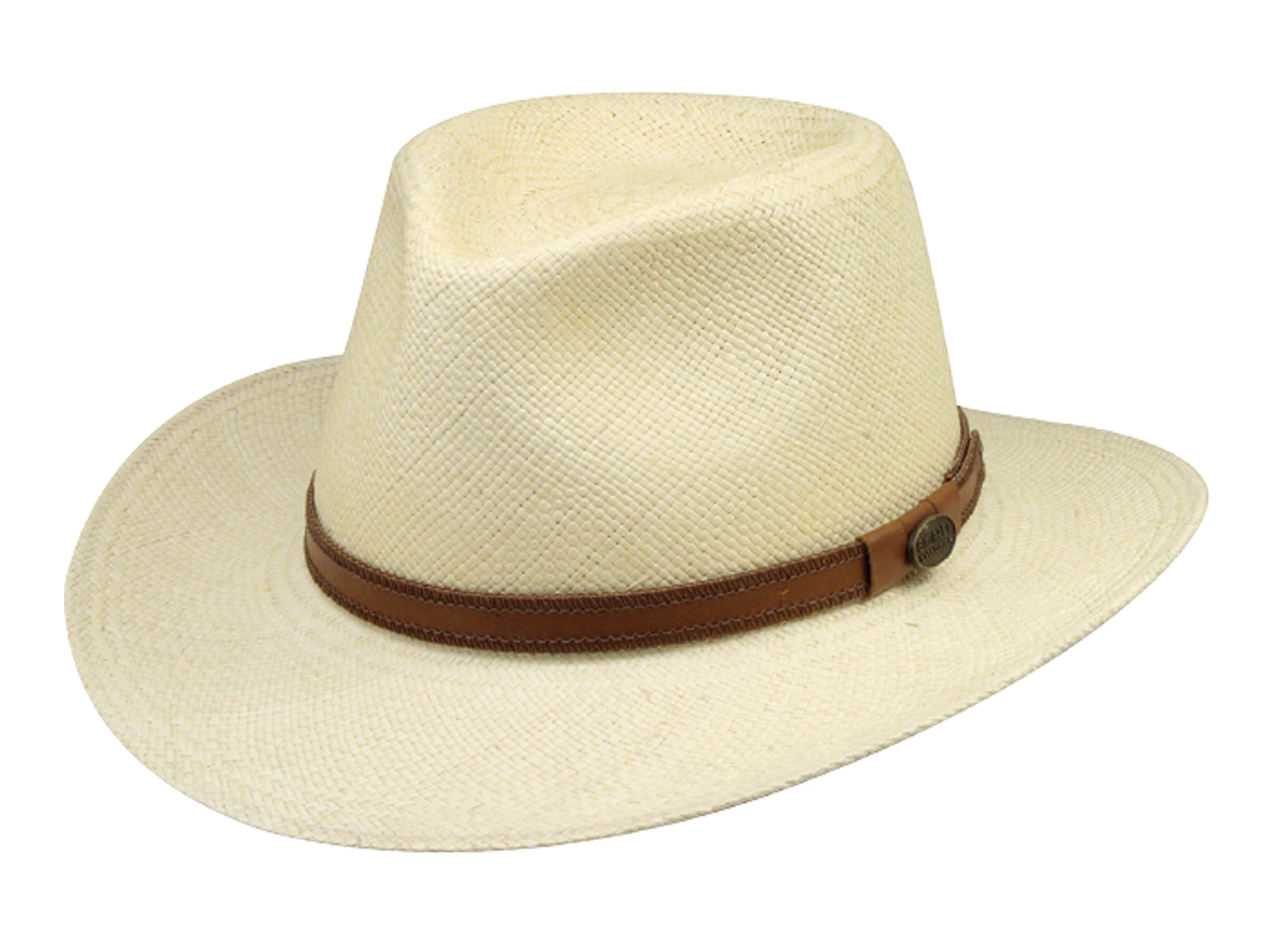 Beige straw hat with a brown band on a white background